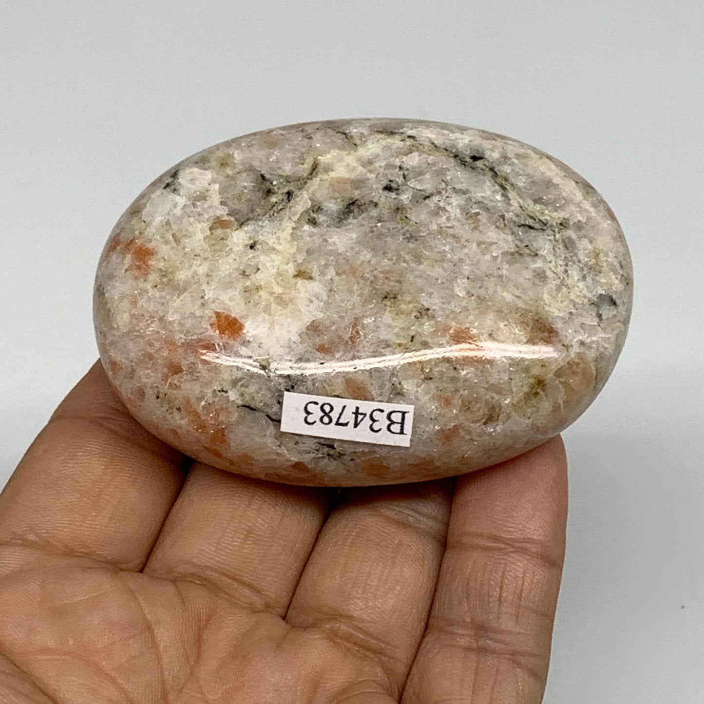 133.7g, 2.7"x2"x0.9", Natural Sunstone Palm-Stone Polished from India, B34783