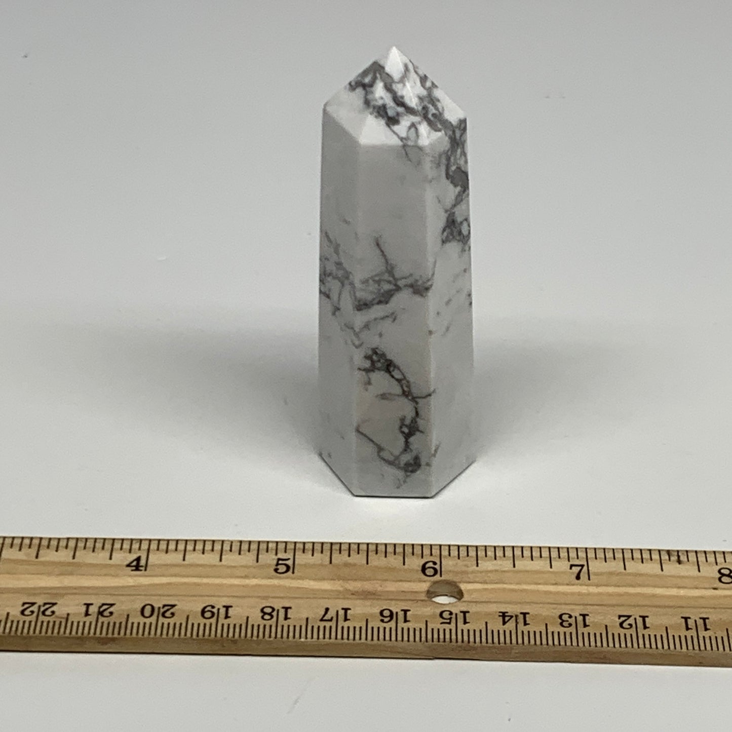 107.2g, 3.4"x1"x1", Natural Howlite Point Tower Obelisk Crystal, B29070