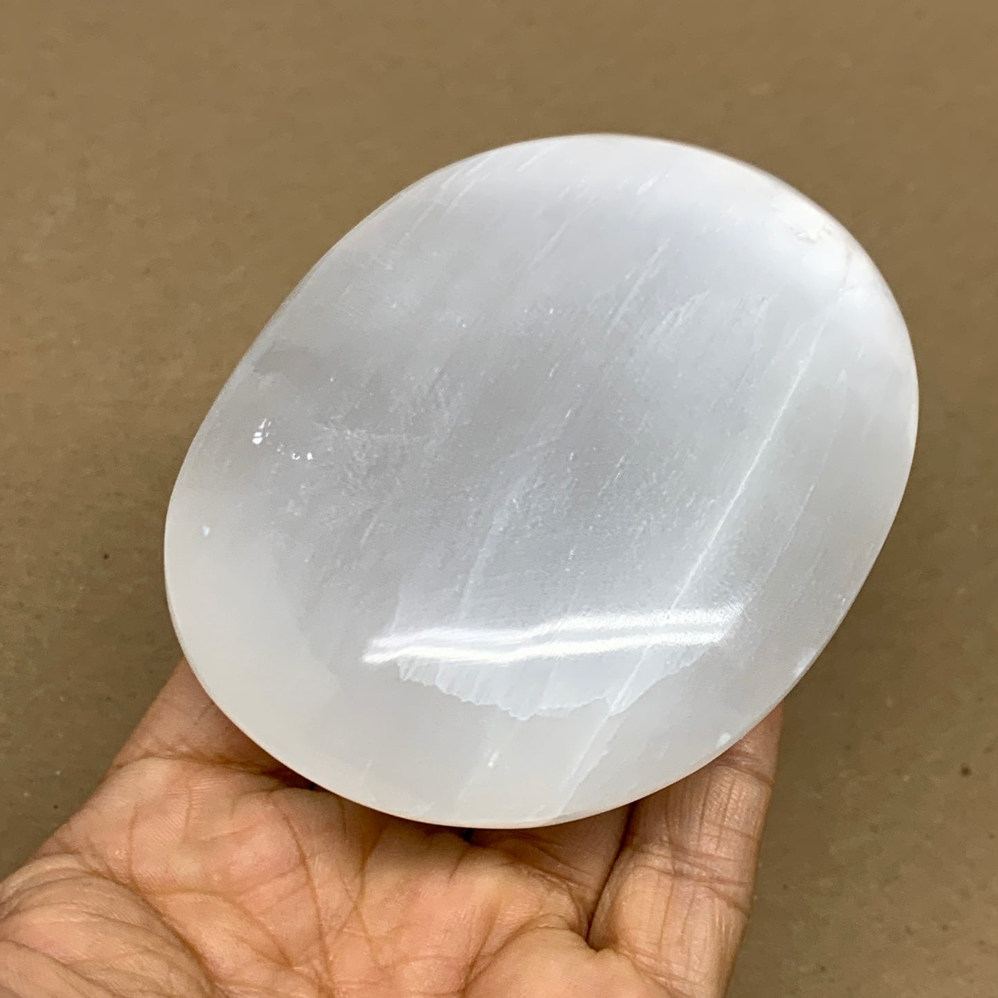 0.62 lbs, 3.9"x3.1"x1.2", White Selenite Palmstone Crystal Pillow Reiki, B36097