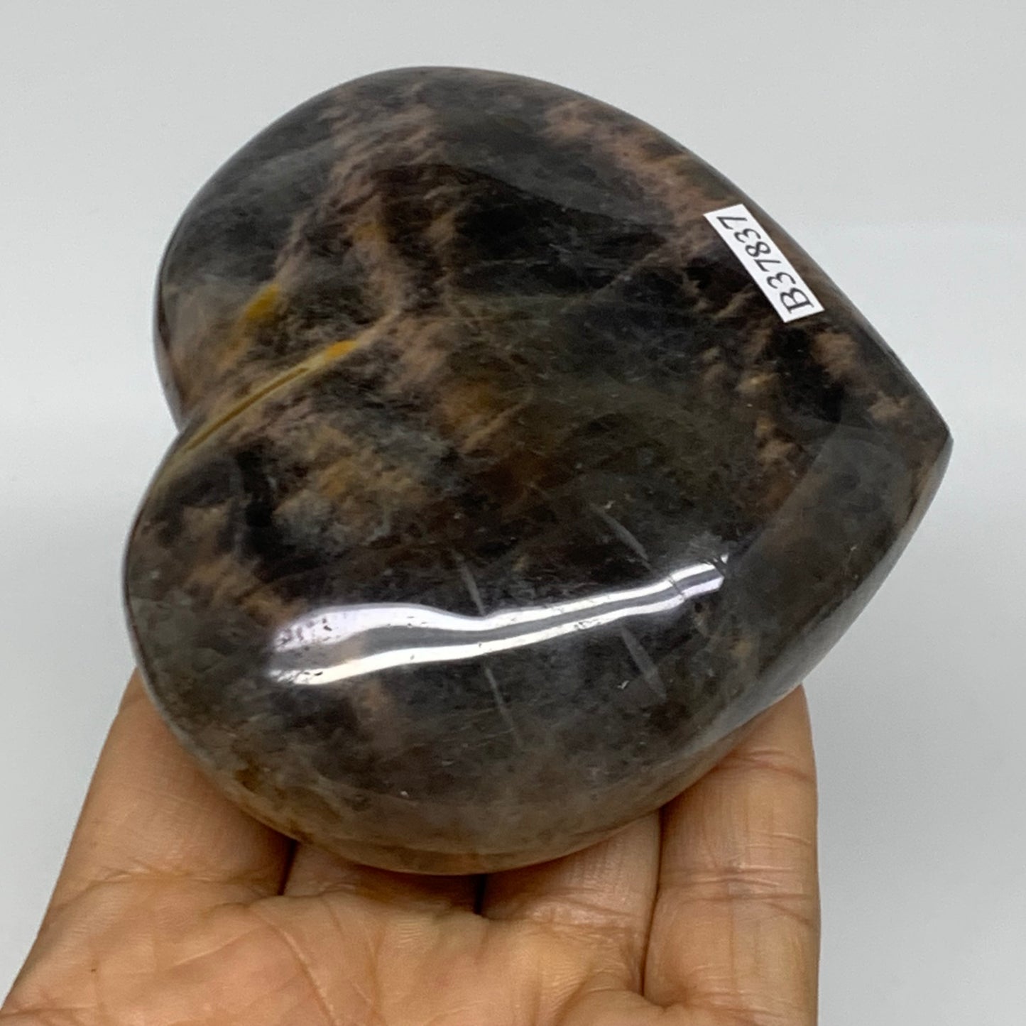 0.70 lbs, 3.1"x3.3"x1.3", Black Moonstone Heart Polished Crystal Decor, B37837