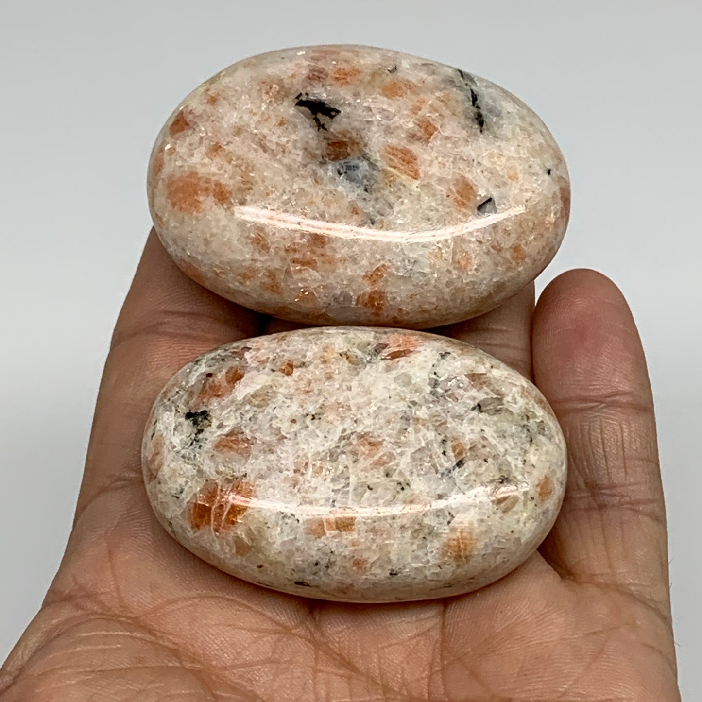 129.9g, 2"-2.1", 2pcs, Natural Sunstone Palm-Stone Polished from India, B34796
