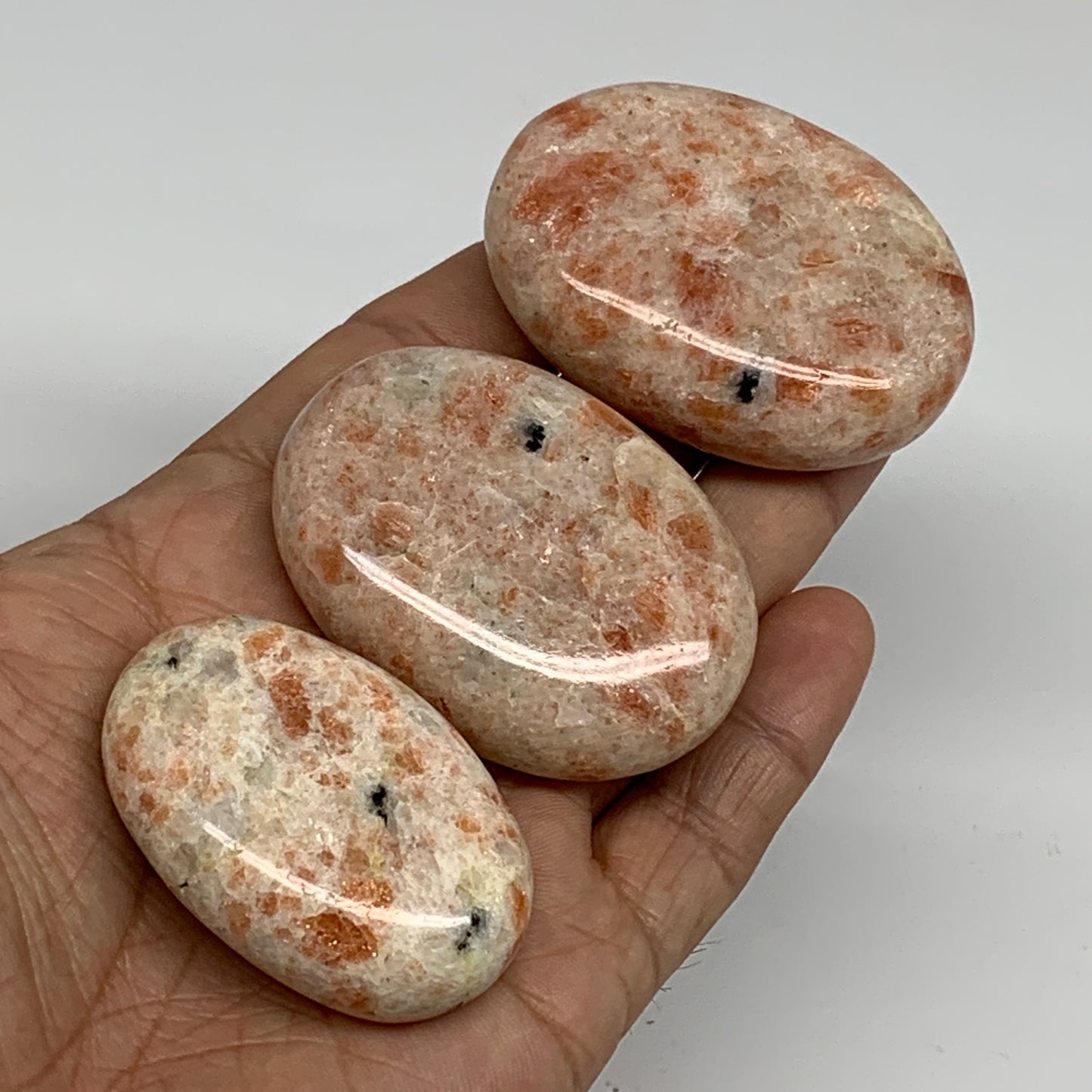 176.9g, 1.9"-2.2", 3pcs, Natural Sunstone Palm-Stone Polished from India, B34797