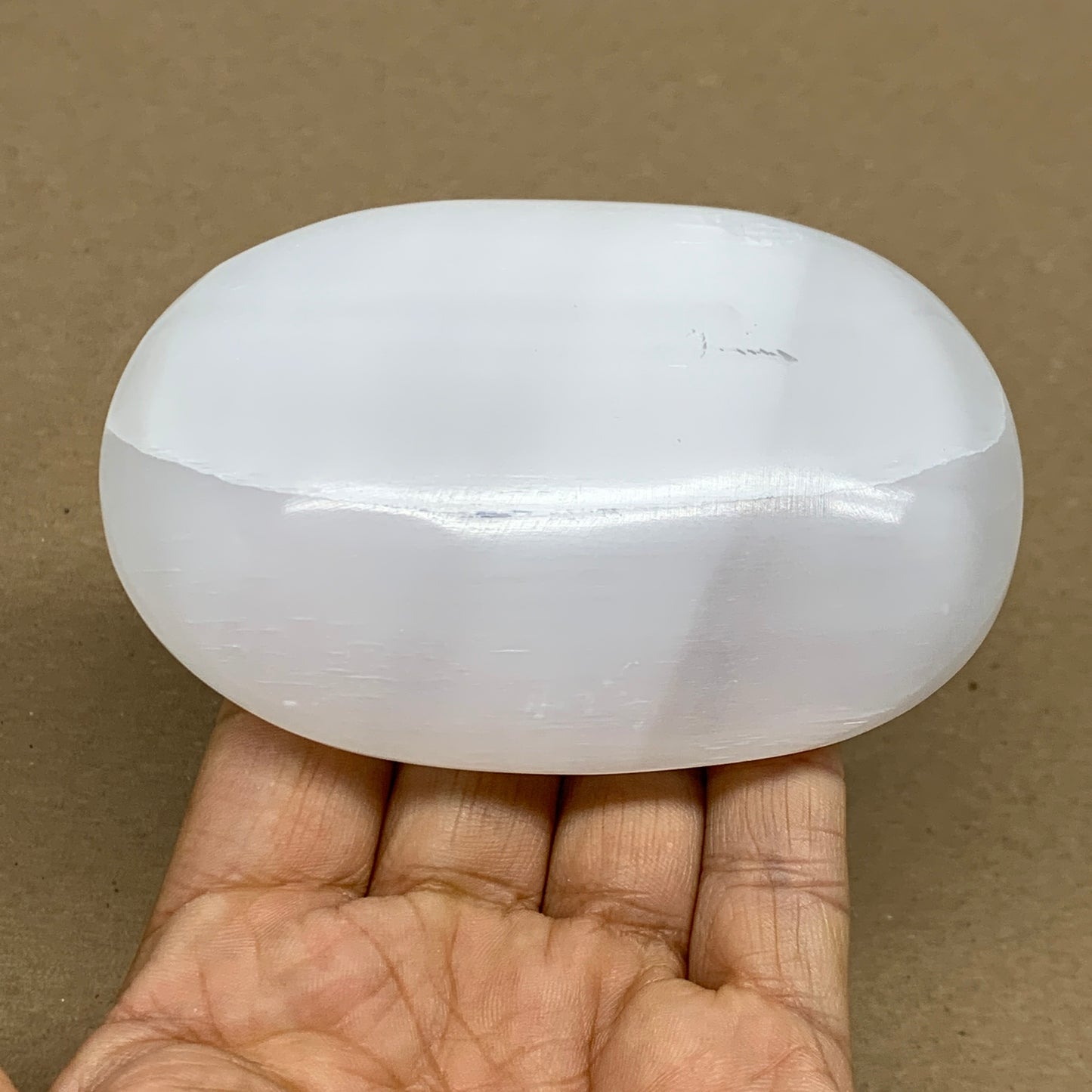 0.55 lbs, 3.9"x2.7"x1.2", White Selenite Palmstone Crystal Pillow Reiki, B36107