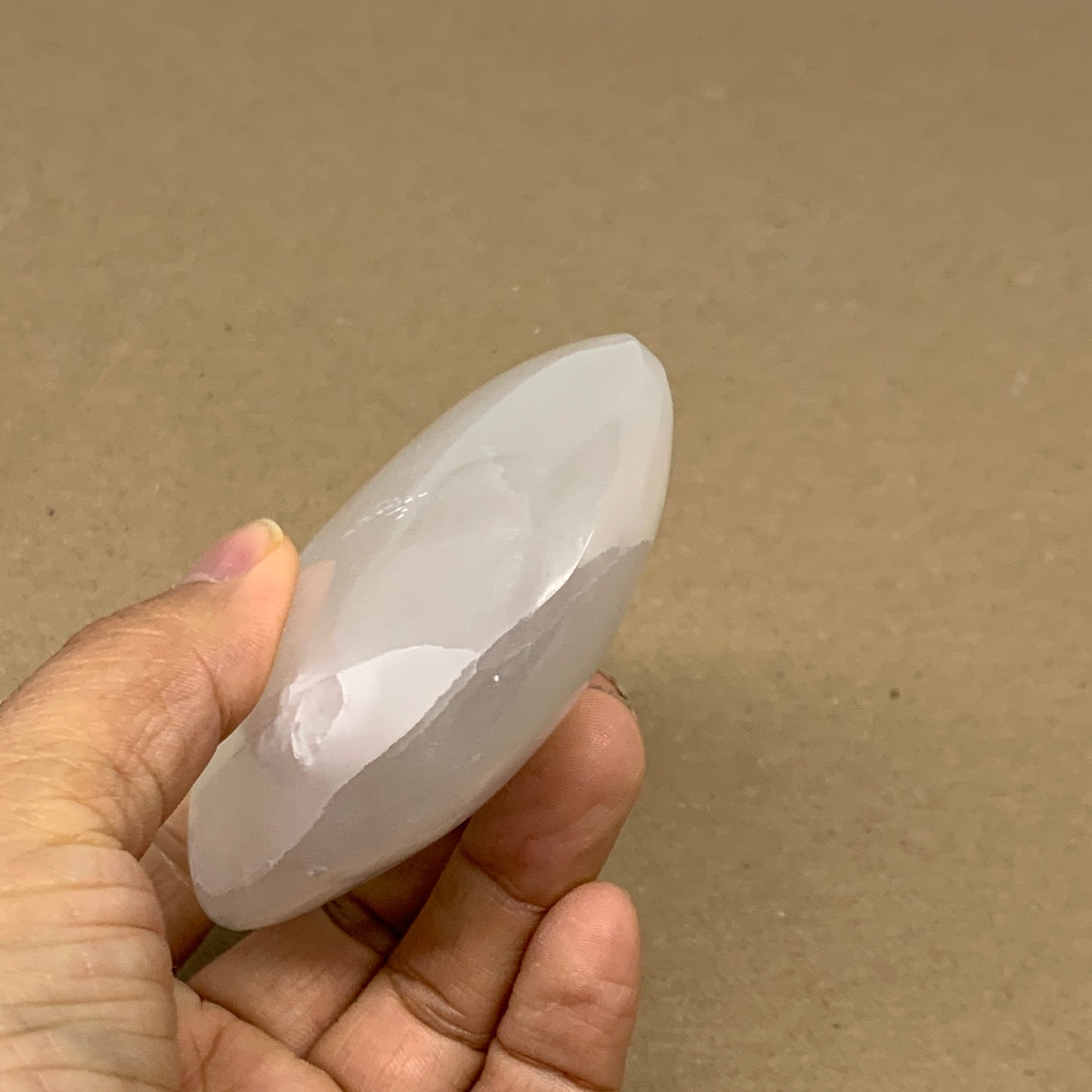 0.55 lbs, 3.9"x2.7"x1.2", White Selenite Palmstone Crystal Pillow Reiki, B36107