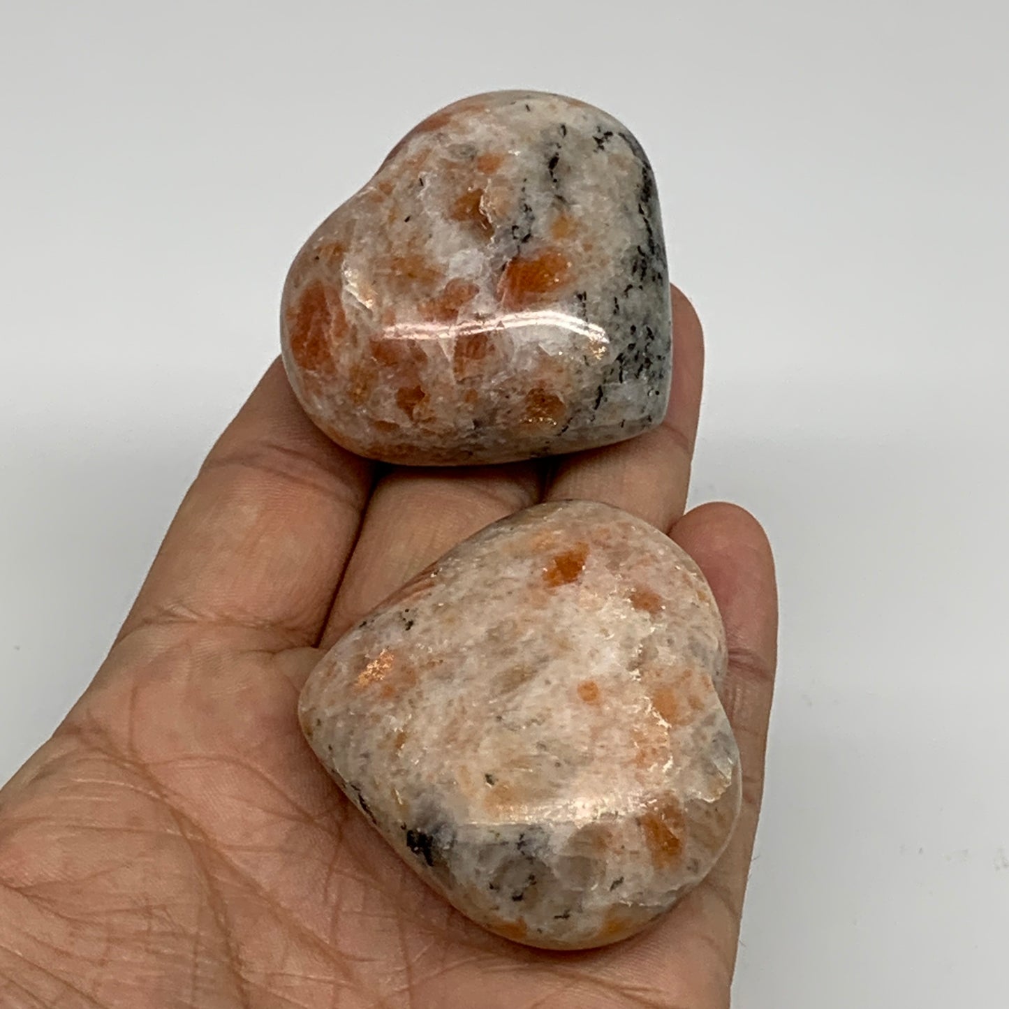 149.9g,1.7"-1.8", 2pcs, Sunstone Heart Polished Healing Crystal, B34801