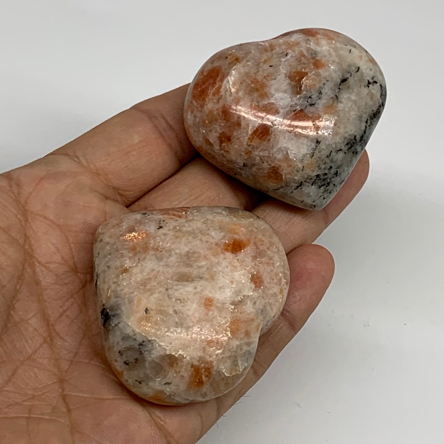149.9g,1.7"-1.8", 2pcs, Sunstone Heart Polished Healing Crystal, B34801