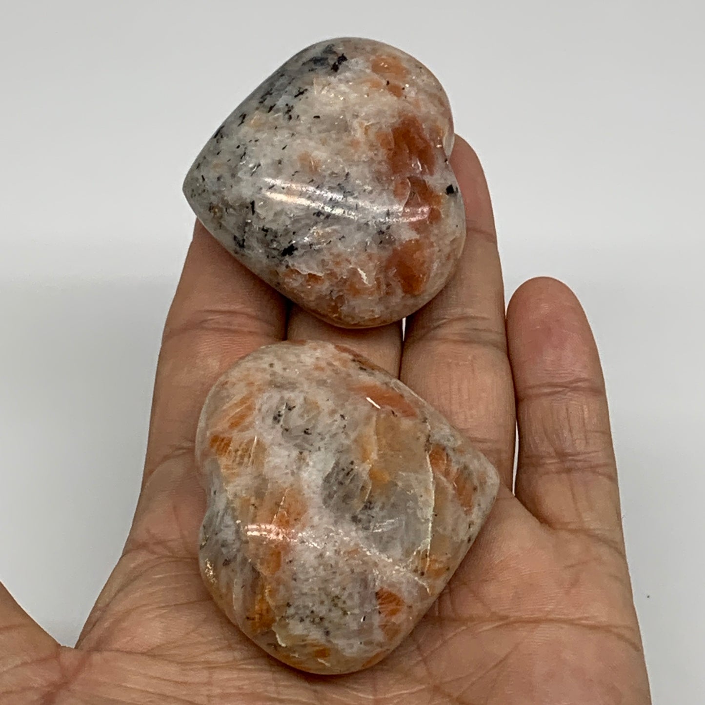 149.9g,1.7"-1.8", 2pcs, Sunstone Heart Polished Healing Crystal, B34801