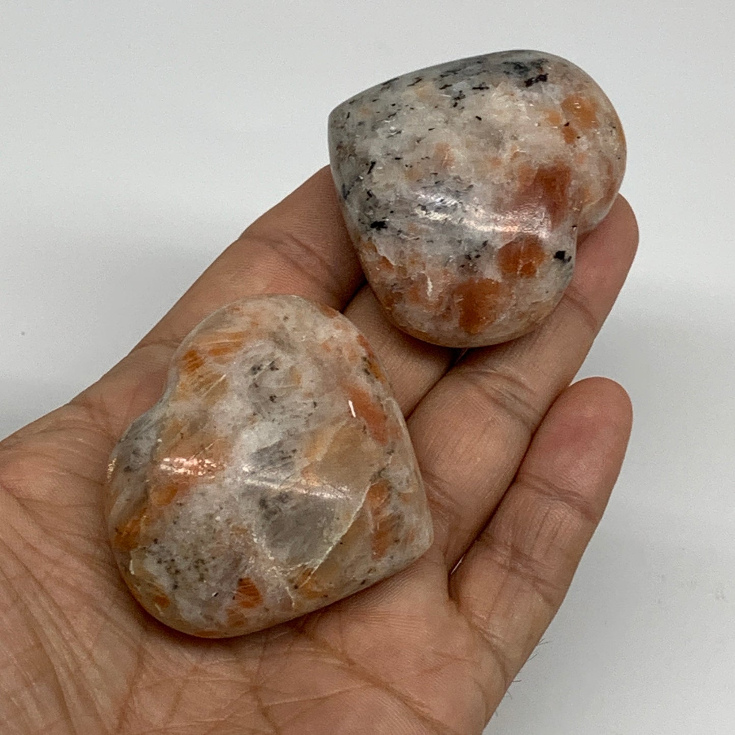 149.9g,1.7"-1.8", 2pcs, Sunstone Heart Polished Healing Crystal, B34801