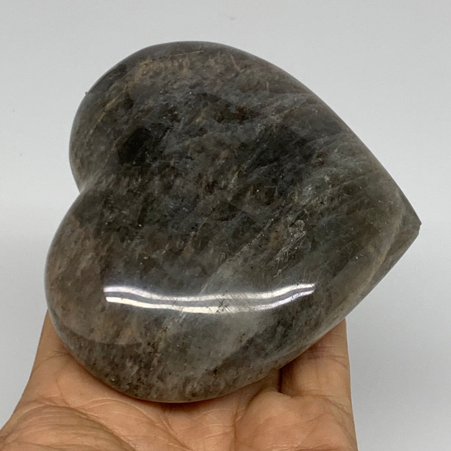 0.80 lbs, 3.5"x3.9"x1.3", Black Moonstone Heart Polished Crystal Decor, B37847