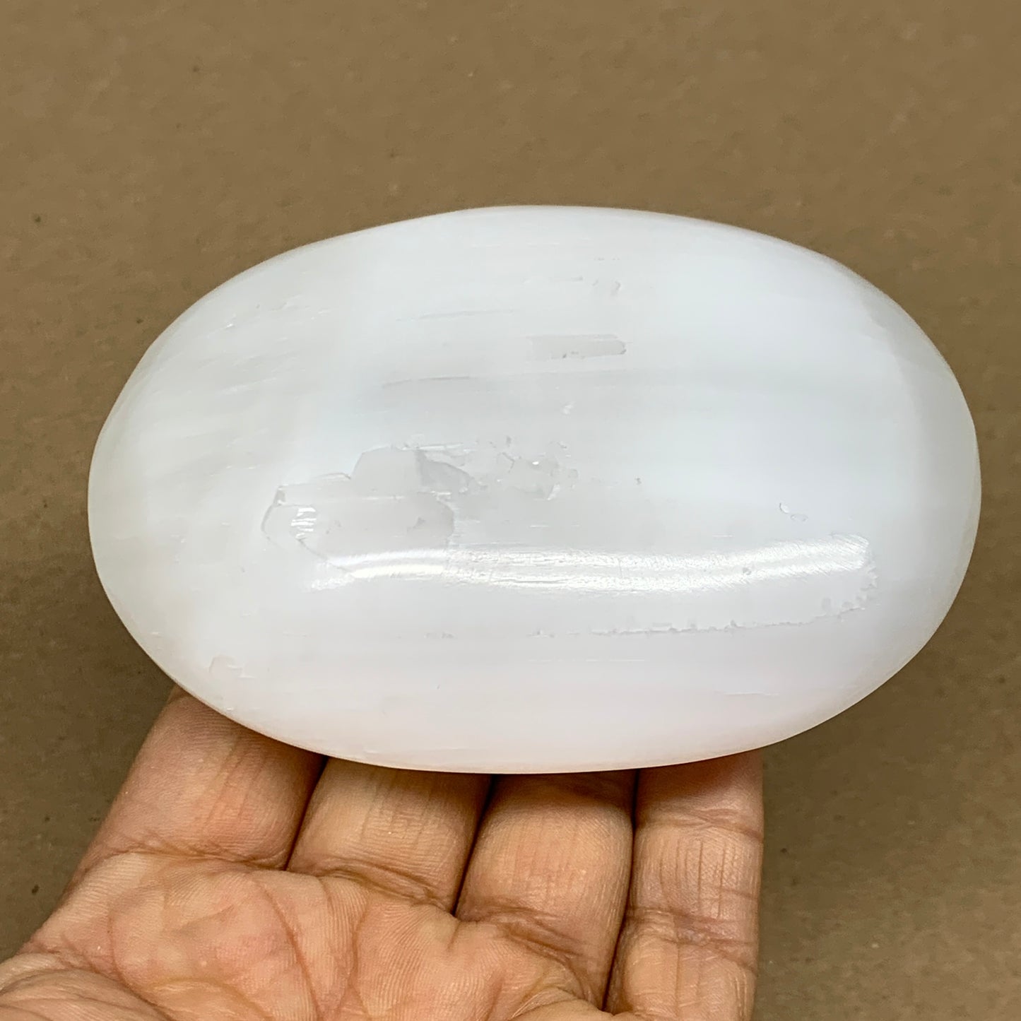 0.59 lbs, 3.9"x2.9"x1.2", White Selenite Palmstone Crystal Pillow Reiki, B36111