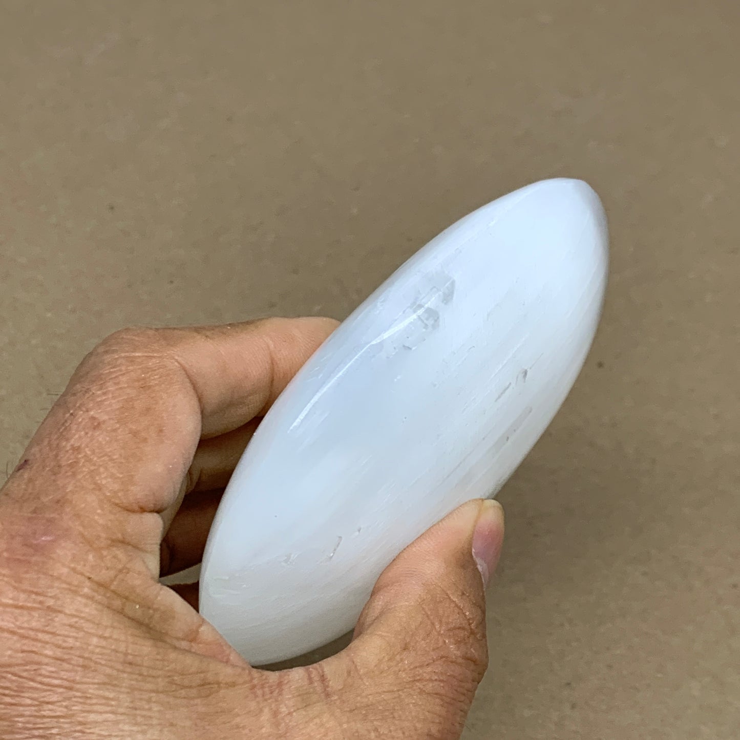 0.59 lbs, 3.9"x2.9"x1.2", White Selenite Palmstone Crystal Pillow Reiki, B36111
