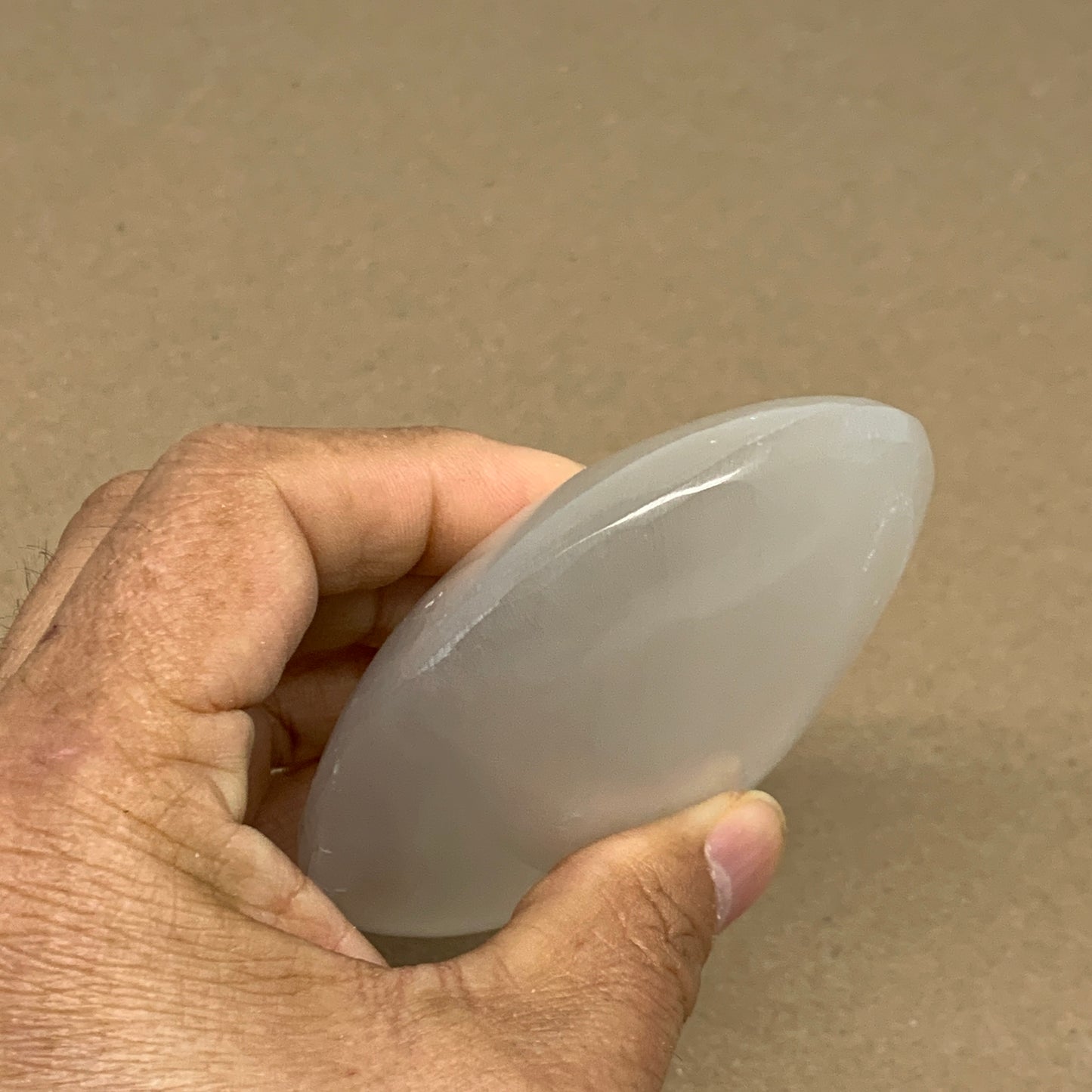 0.59 lbs, 3.9"x2.9"x1.2", White Selenite Palmstone Crystal Pillow Reiki, B36111