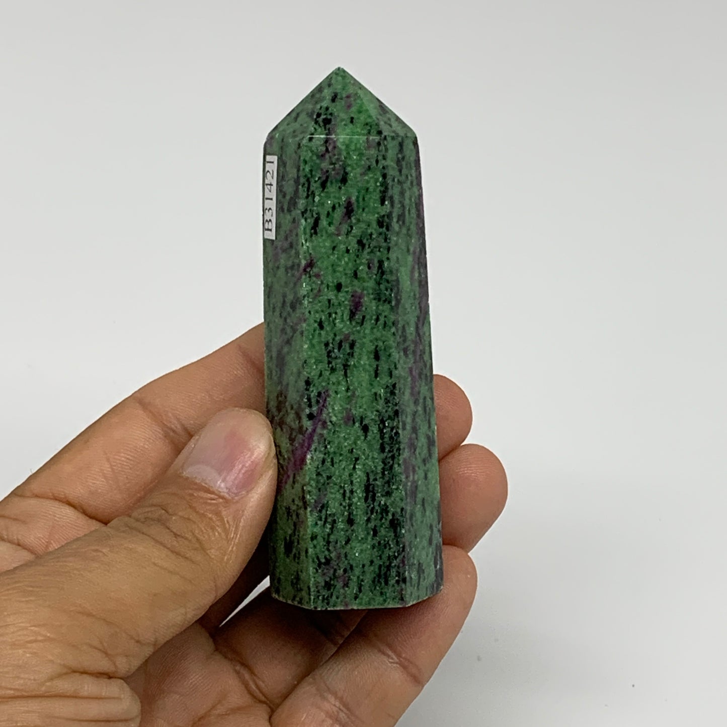 118.6g, 3.3"x0.9", Natural Ruby Zoisite Tower Point Obelisk @India, B31421