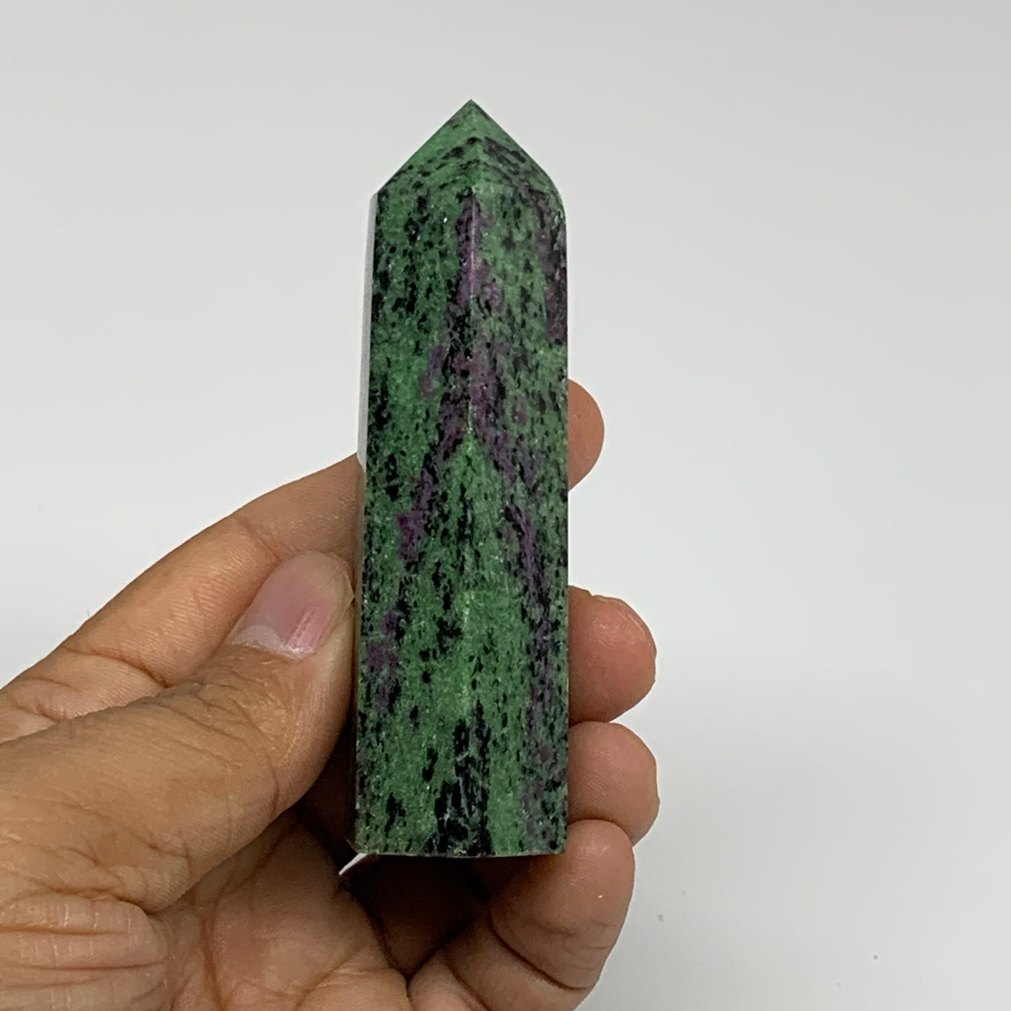 118.6g, 3.3"x0.9", Natural Ruby Zoisite Tower Point Obelisk @India, B31421