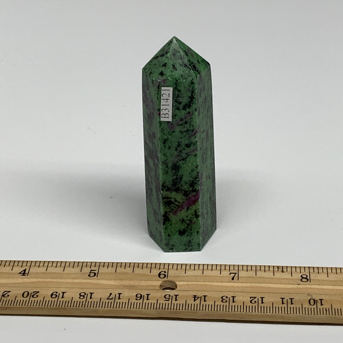 118.6g, 3.3"x0.9", Natural Ruby Zoisite Tower Point Obelisk @India, B31421