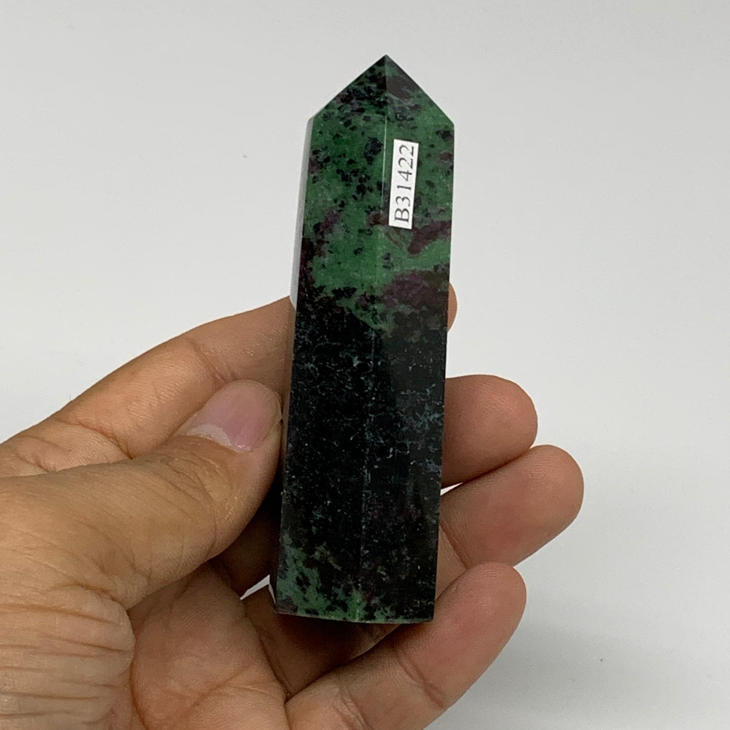 119.8g, 3.4"x0.9", Natural Ruby Zoisite Tower Point Obelisk @India, B31422