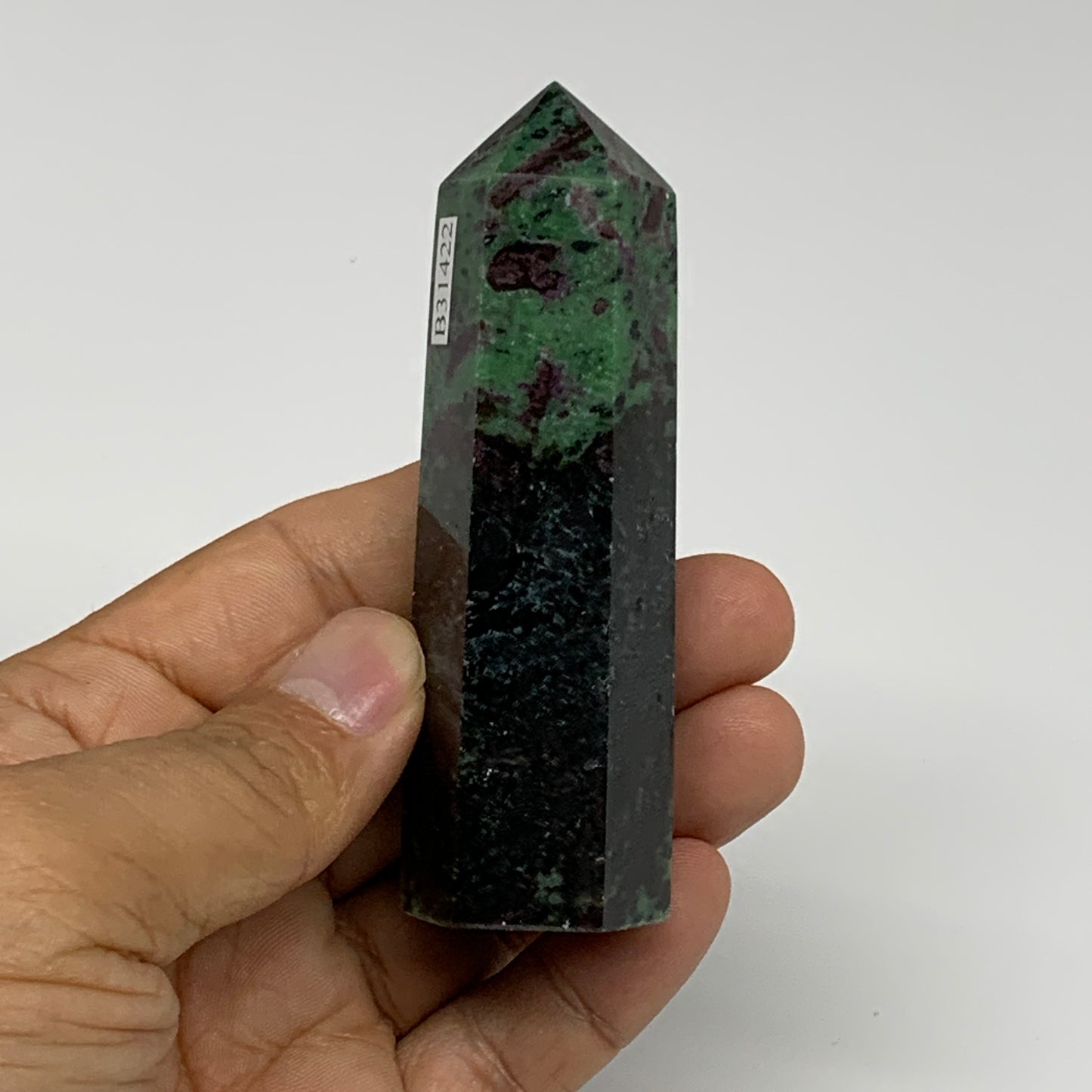 119.8g, 3.4"x0.9", Natural Ruby Zoisite Tower Point Obelisk @India, B31422