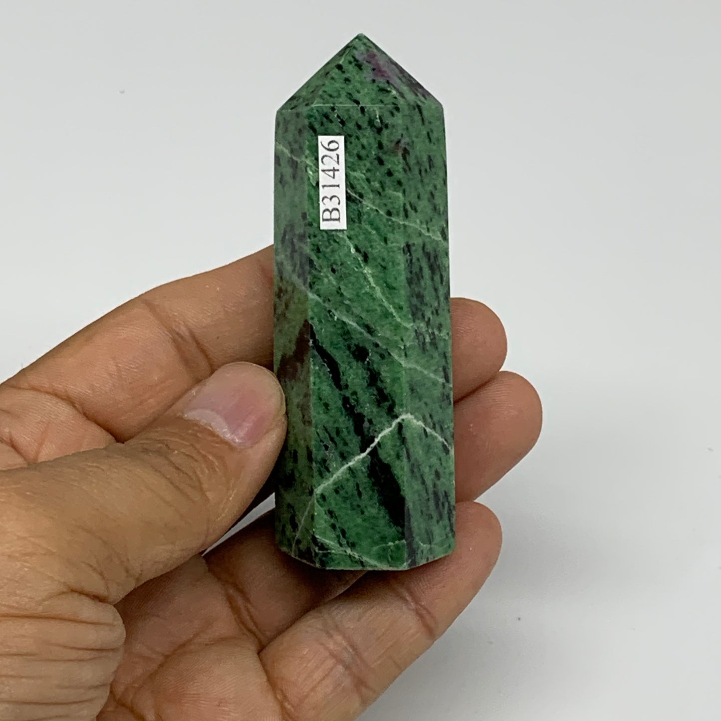 107.8g, 3.1"x0.9", Natural Ruby Zoisite Tower Point Obelisk @India, B31426