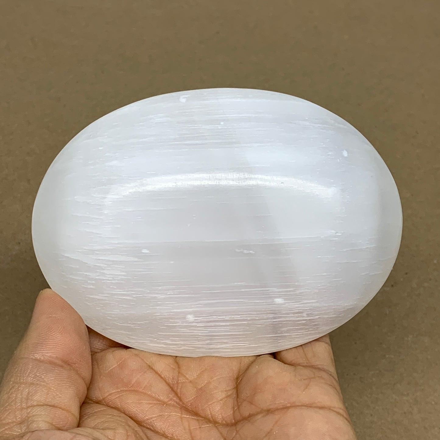 0.59 lbs, 3.9"x2.9"x1.2", White Selenite Palmstone Crystal Pillow Reiki, B36124