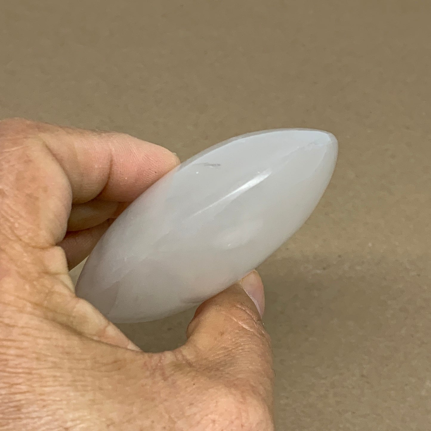 0.59 lbs, 3.9"x2.9"x1.2", White Selenite Palmstone Crystal Pillow Reiki, B36124