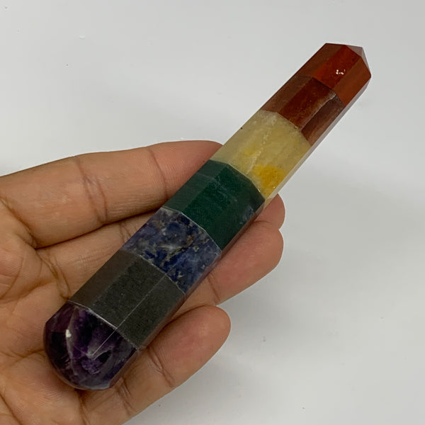 89.4g, 4.9"x0.9", 7 Chakra Point Wand Obelisk Point Crystal from India, B29102