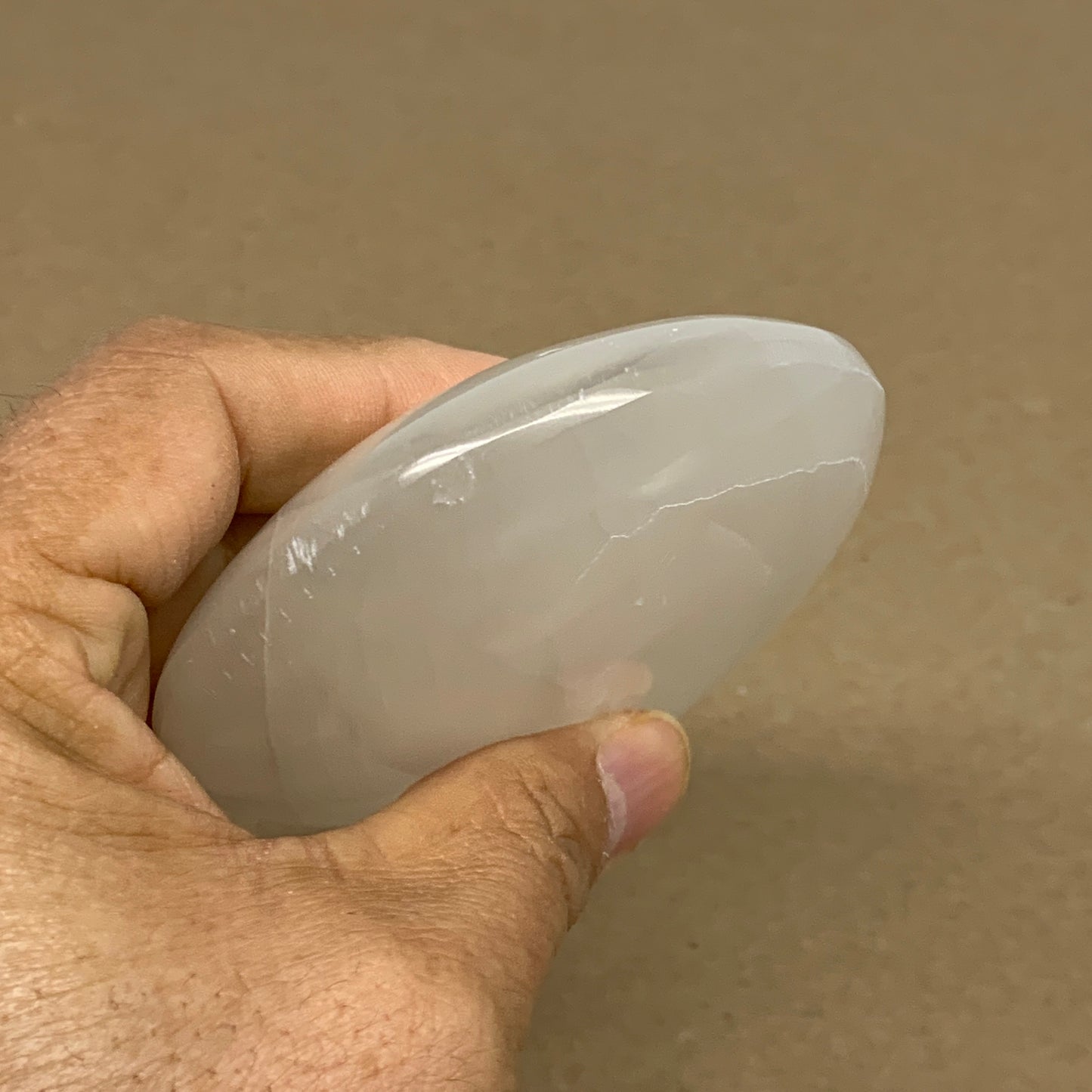 0.60 lbs, 3.9"x3.1"x1", White Selenite Palmstone Crystal Pillow Reiki, B36127