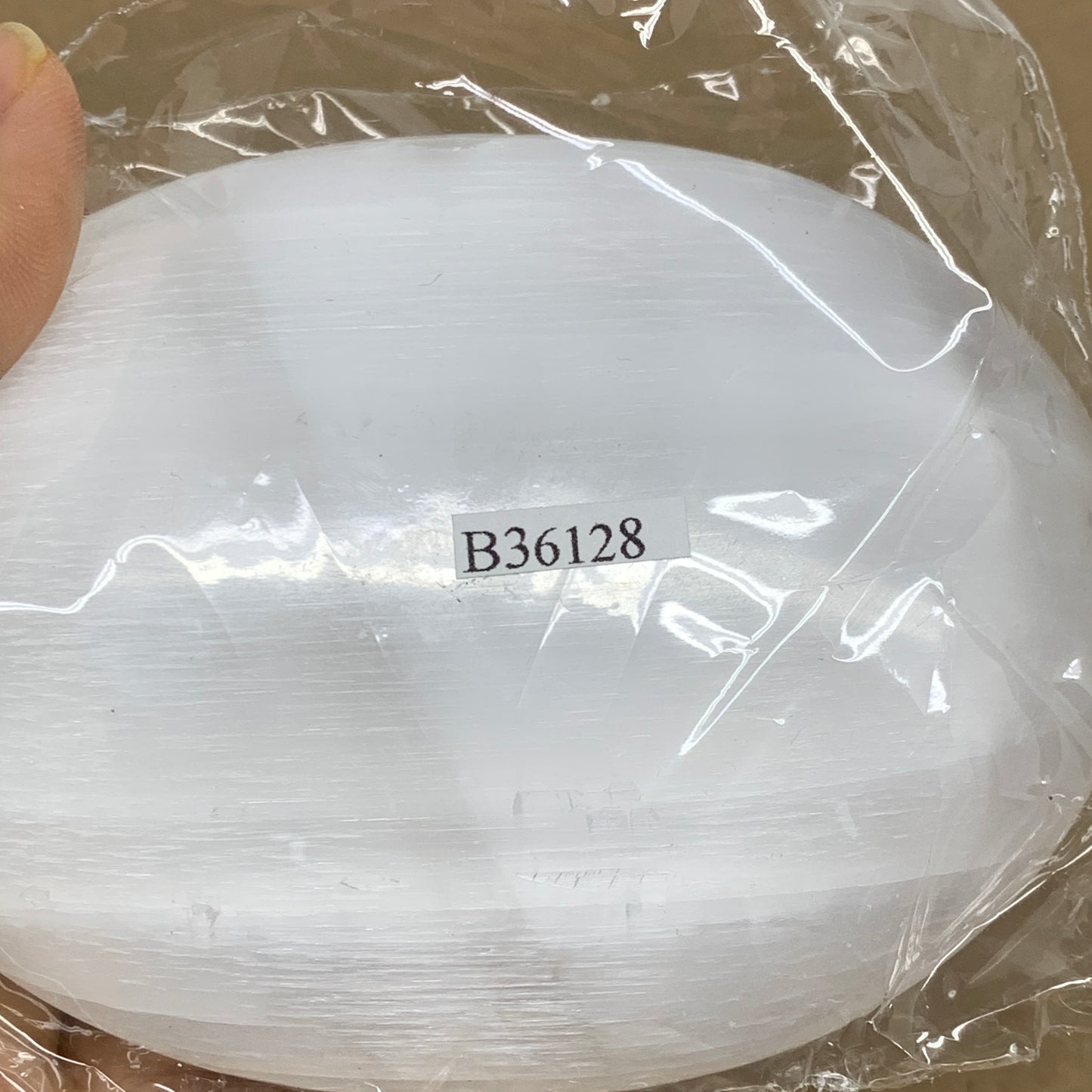 0.63 lbs, 3.9"x3"x1.2", White Selenite Palmstone Crystal Pillow Reiki, B36128