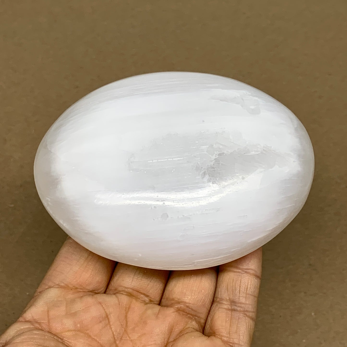 0.69 lbs, 3.8"x3"x1.3", White Selenite Palmstone Crystal Pillow Reiki, B36129