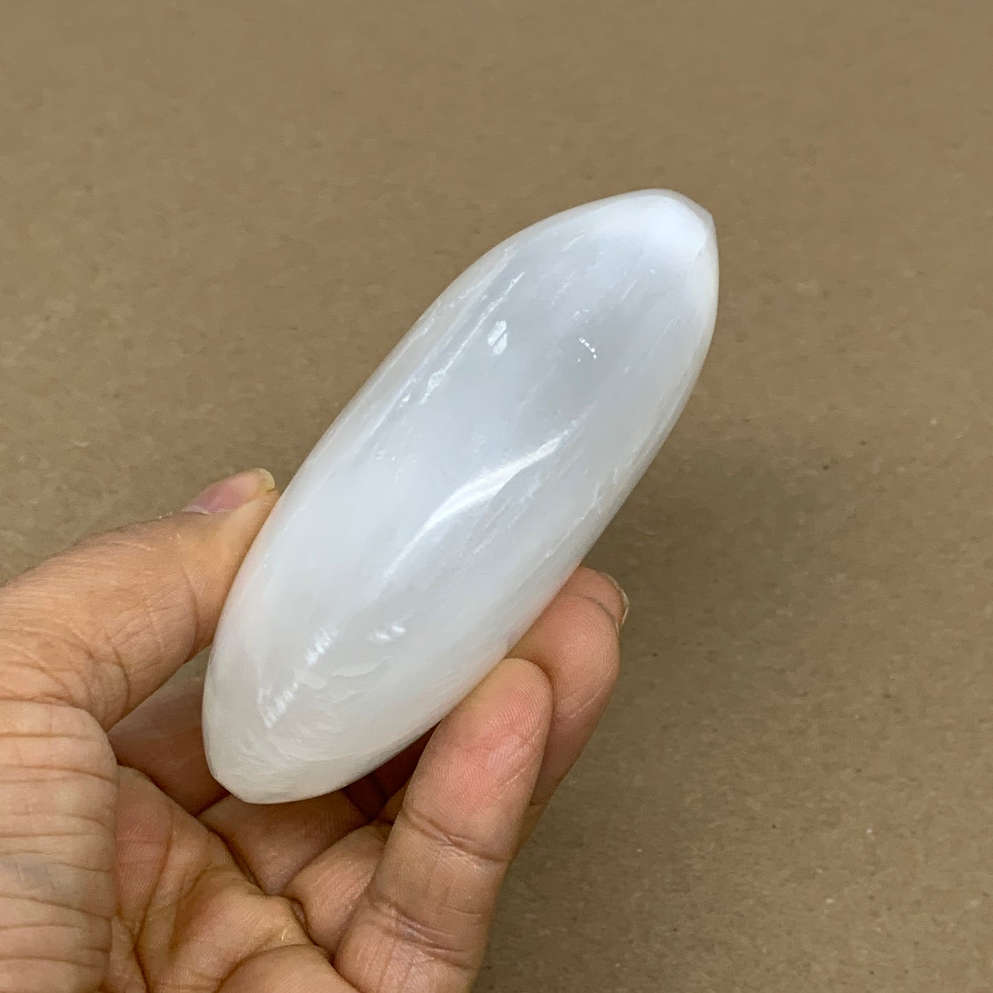 0.69 lbs, 3.8"x3"x1.3", White Selenite Palmstone Crystal Pillow Reiki, B36129