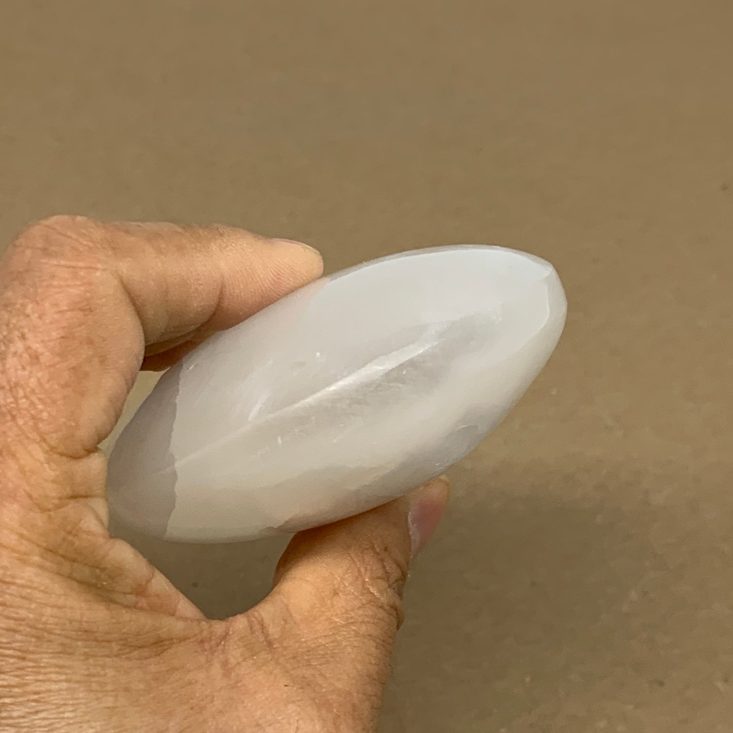 0.69 lbs, 3.8"x3"x1.3", White Selenite Palmstone Crystal Pillow Reiki, B36129