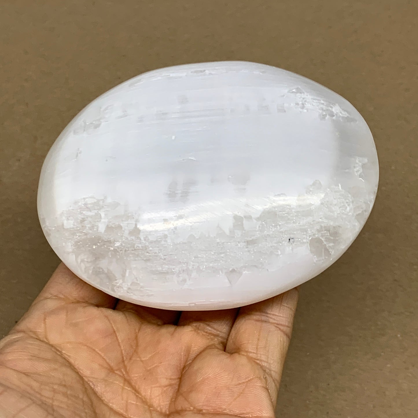 0.77 lbs, 3.9"x3.2"x1.3", White Selenite Palmstone Crystal Pillow Reiki, B36130