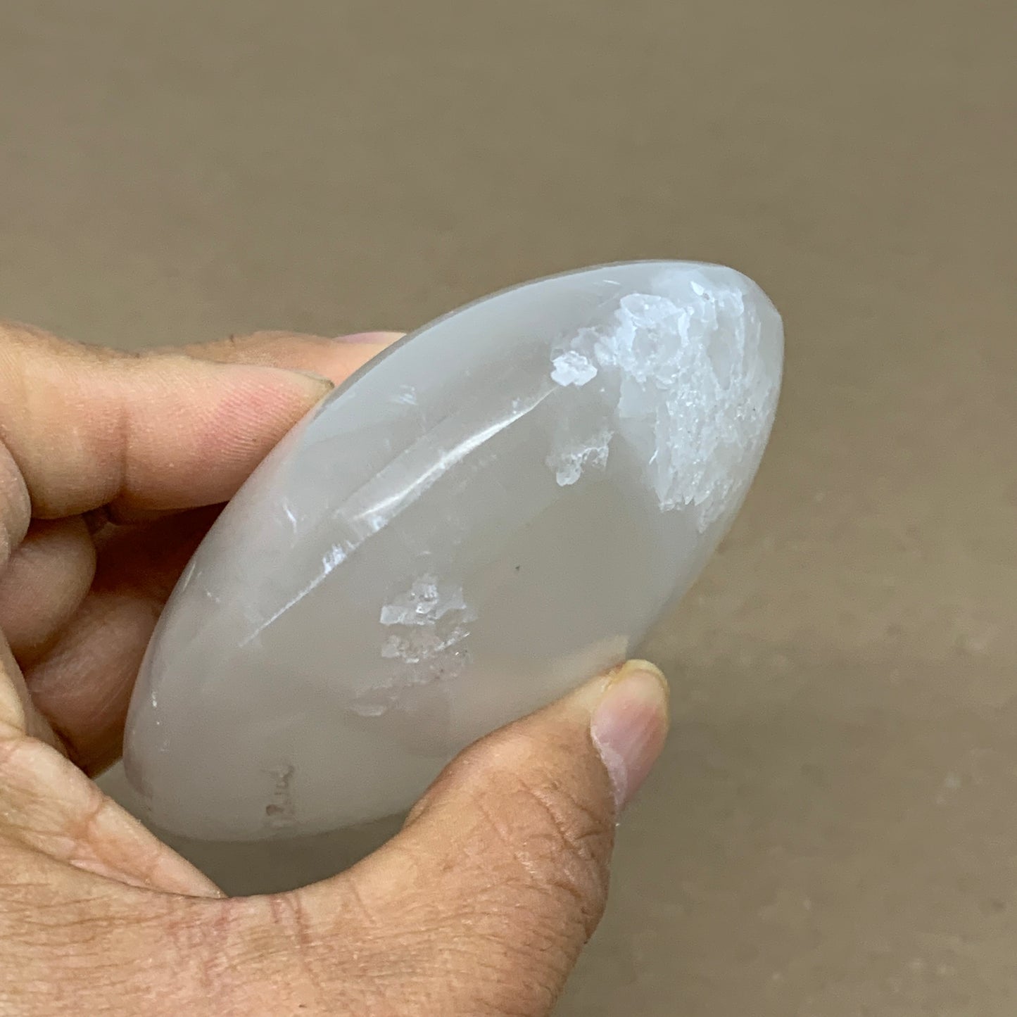 0.77 lbs, 3.9"x3.2"x1.3", White Selenite Palmstone Crystal Pillow Reiki, B36130