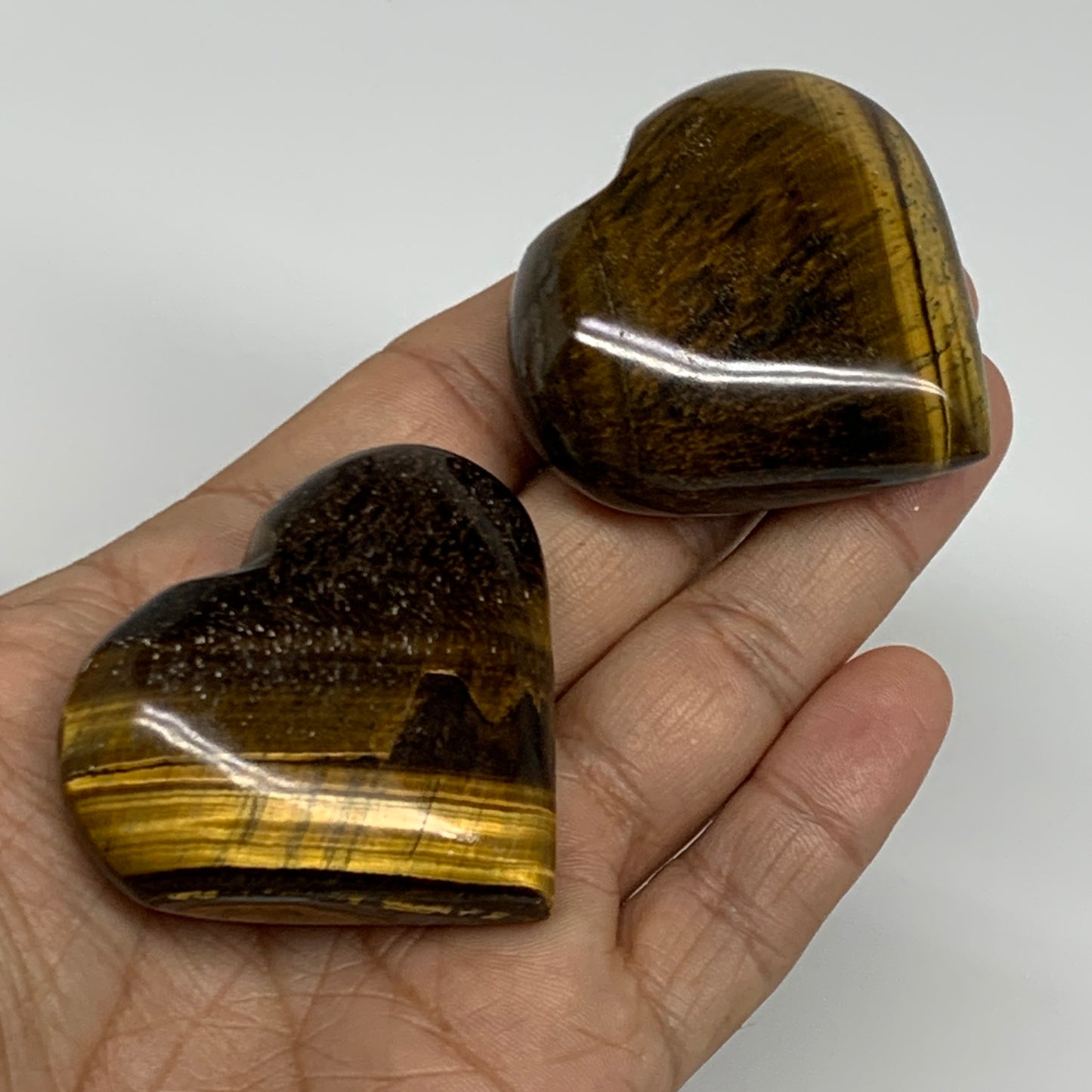 125.9g, 1.8"-1.9", 2pcs, Tiger's Eye Heart Polished Healing Crystal, B34828