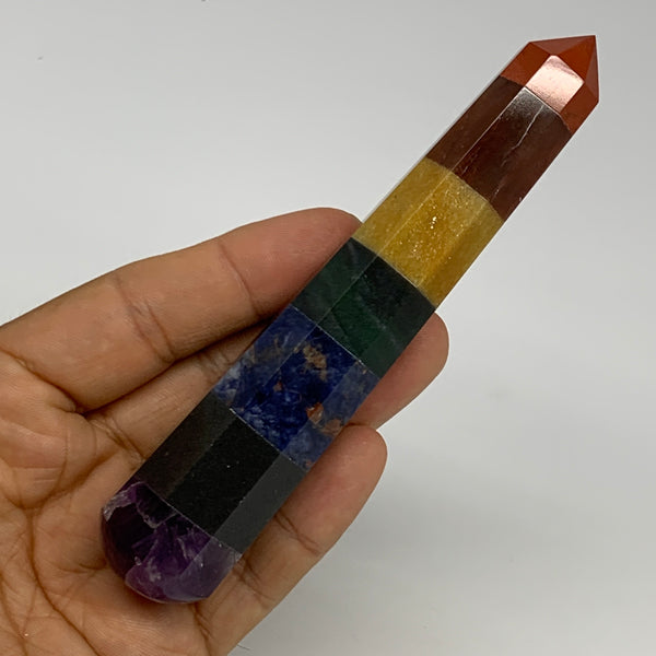 101.3g, 4.9"x0.9", 7 Chakra Point Wand Obelisk Point Crystal from India, B29107