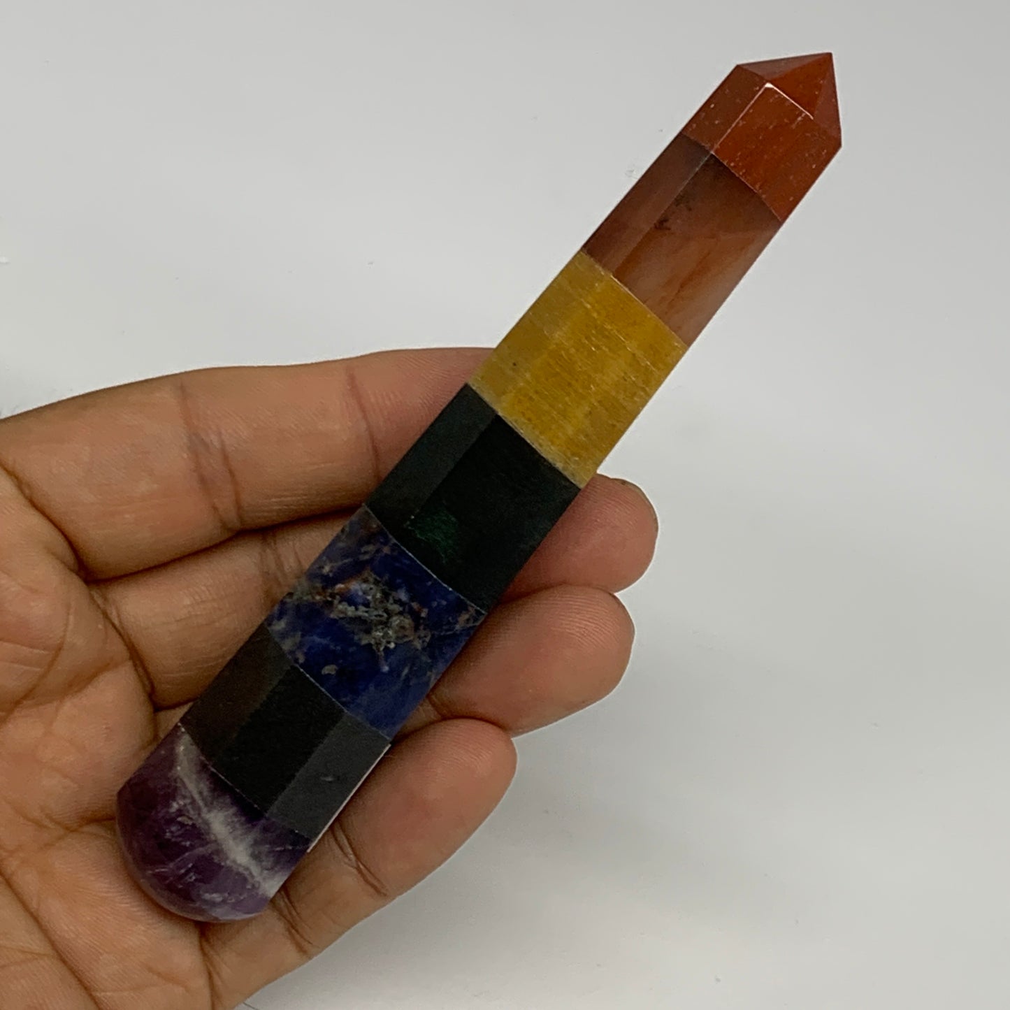76.6g, 4.8"x0.8", 7 Chakra Point Wand Obelisk Point Crystal from India, B29108