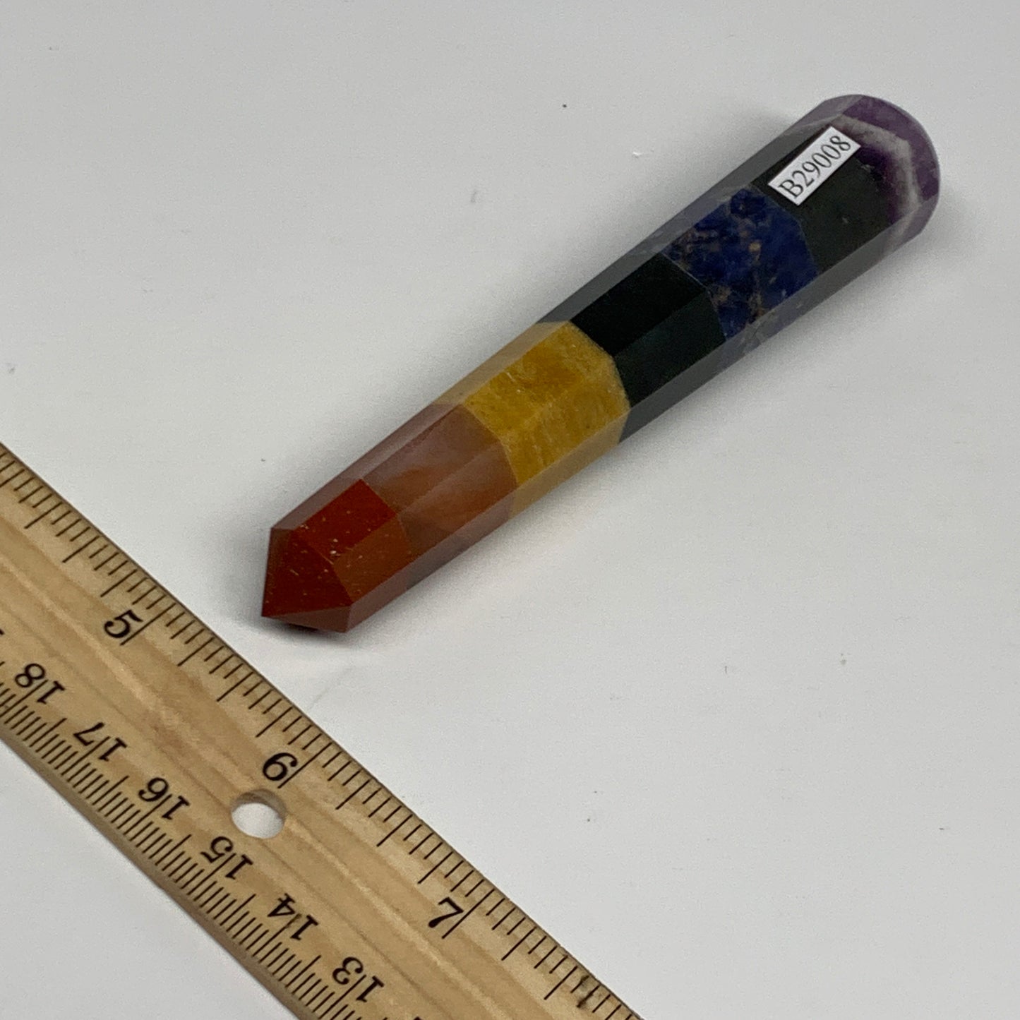 76.6g, 4.8"x0.8", 7 Chakra Point Wand Obelisk Point Crystal from India, B29108