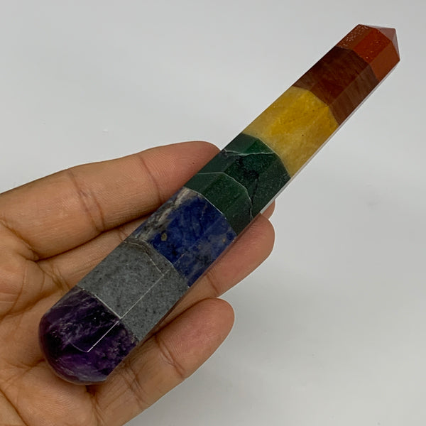 107.3g, 5.5"x0.9", 7 Chakra Point Wand Obelisk Point Crystal from India, B29109