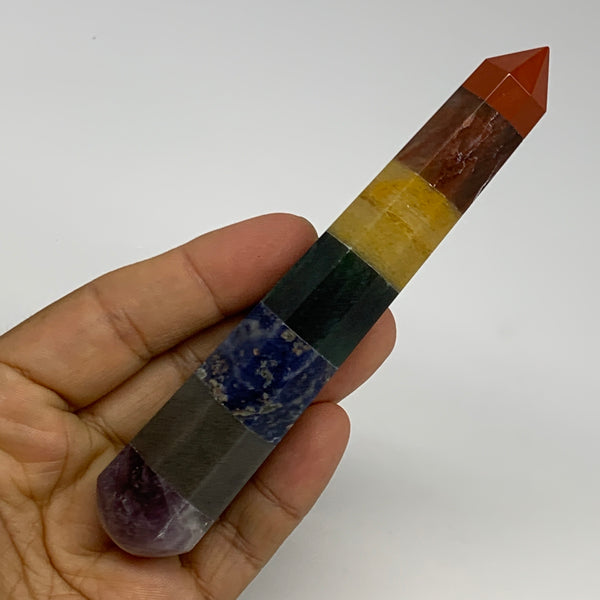 92.2g, 5"x0.9", 7 Chakra Point Wand Obelisk Point Crystal from India, B29111