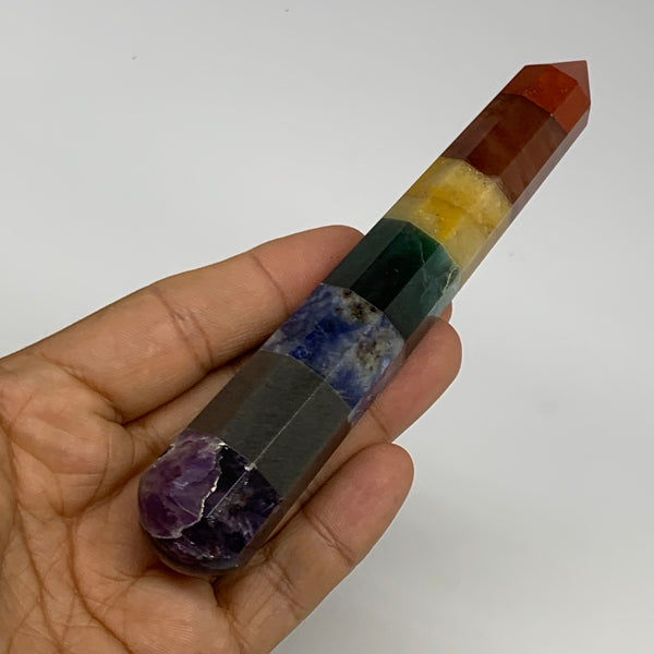 99g, 5.1"x0.9", 7 Chakra Point Wand Obelisk Point Crystal from India, B29112