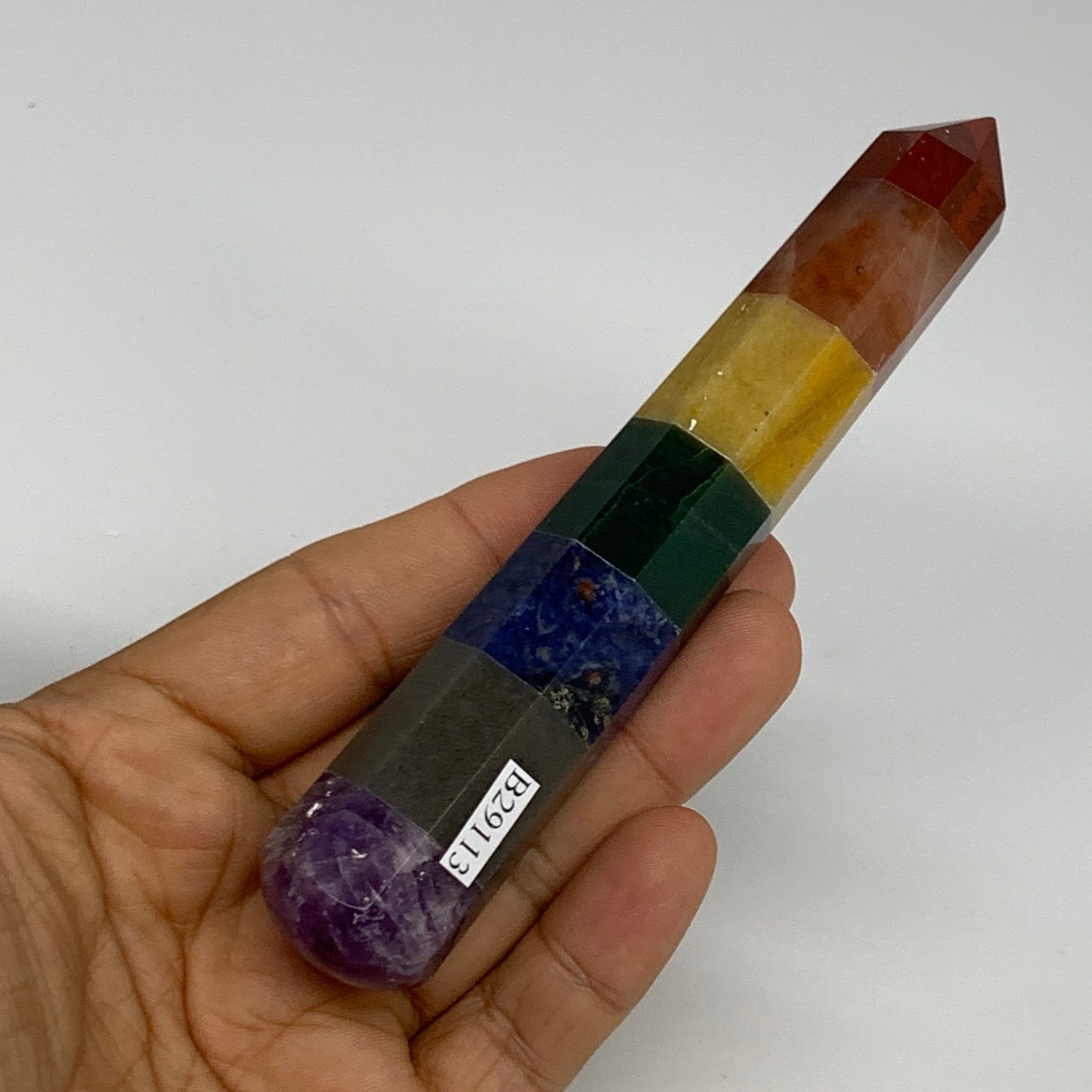 106.4g, 5.1"x0.9", 7 Chakra Point Wand Obelisk Point Crystal from India, B29113