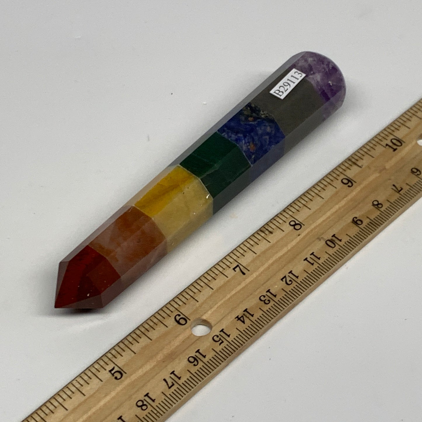 106.4g, 5.1"x0.9", 7 Chakra Point Wand Obelisk Point Crystal from India, B29113