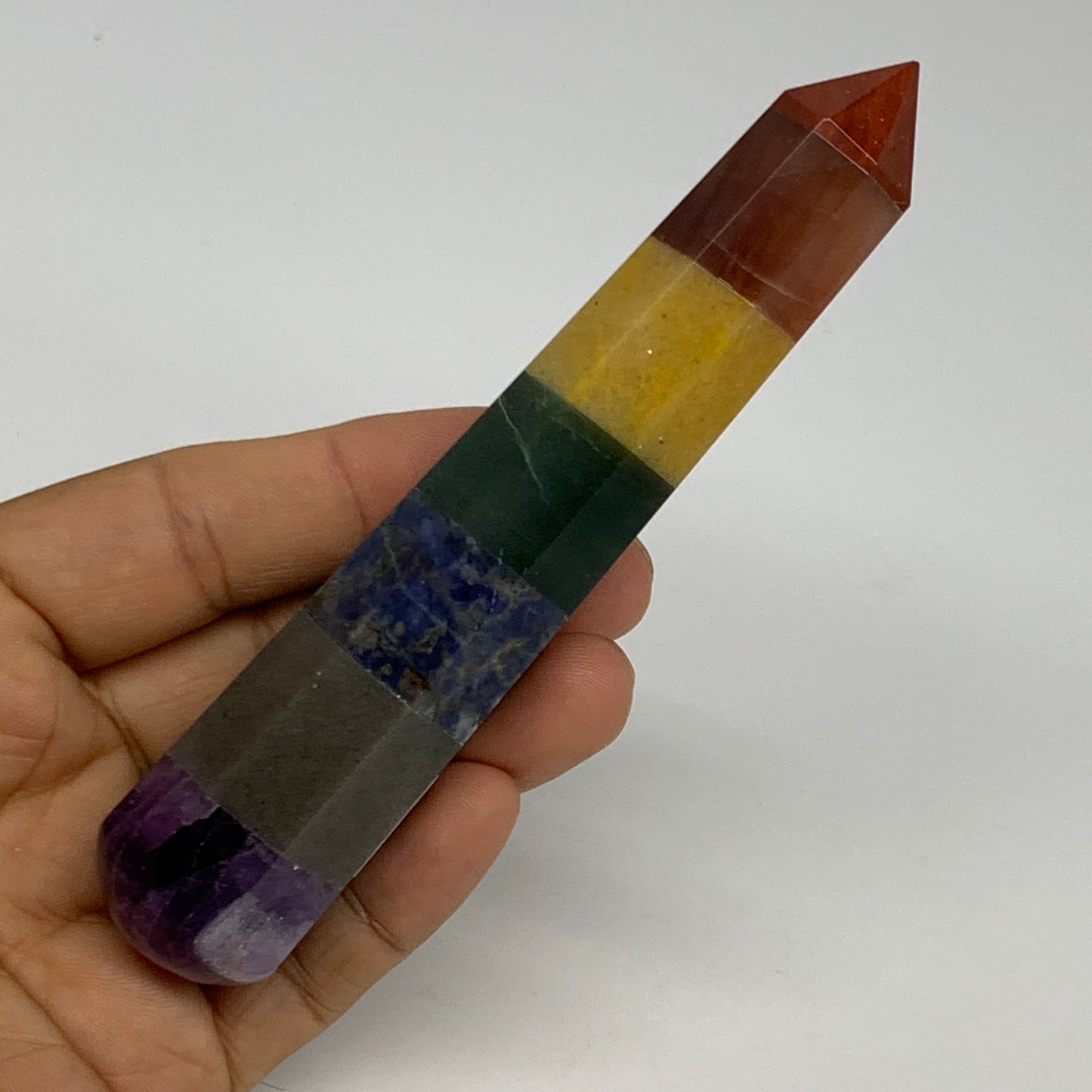117.6g, 5"x1", 7 Chakra Point Wand Obelisk Point Crystal from India, B29114