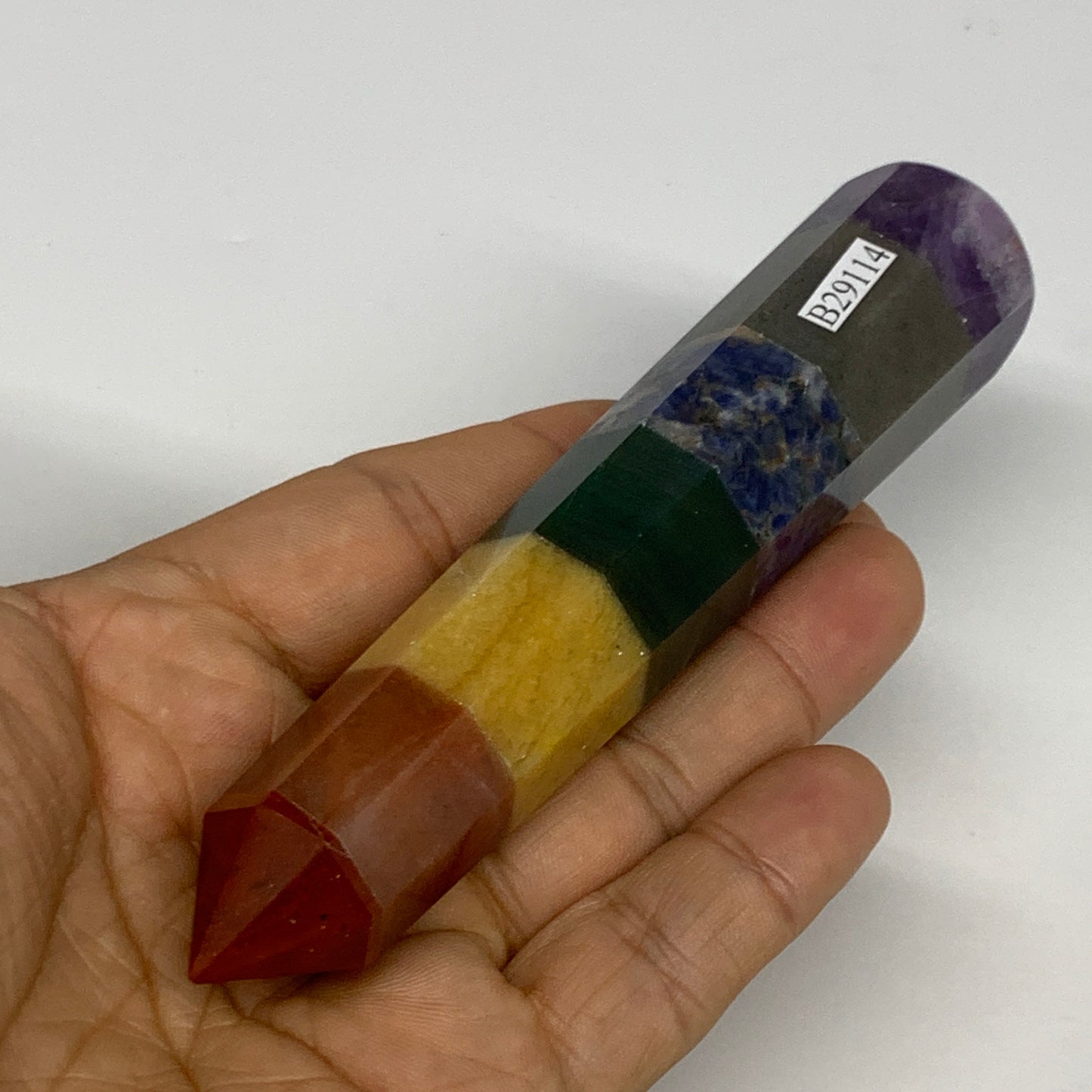 117.6g, 5"x1", 7 Chakra Point Wand Obelisk Point Crystal from India, B29114