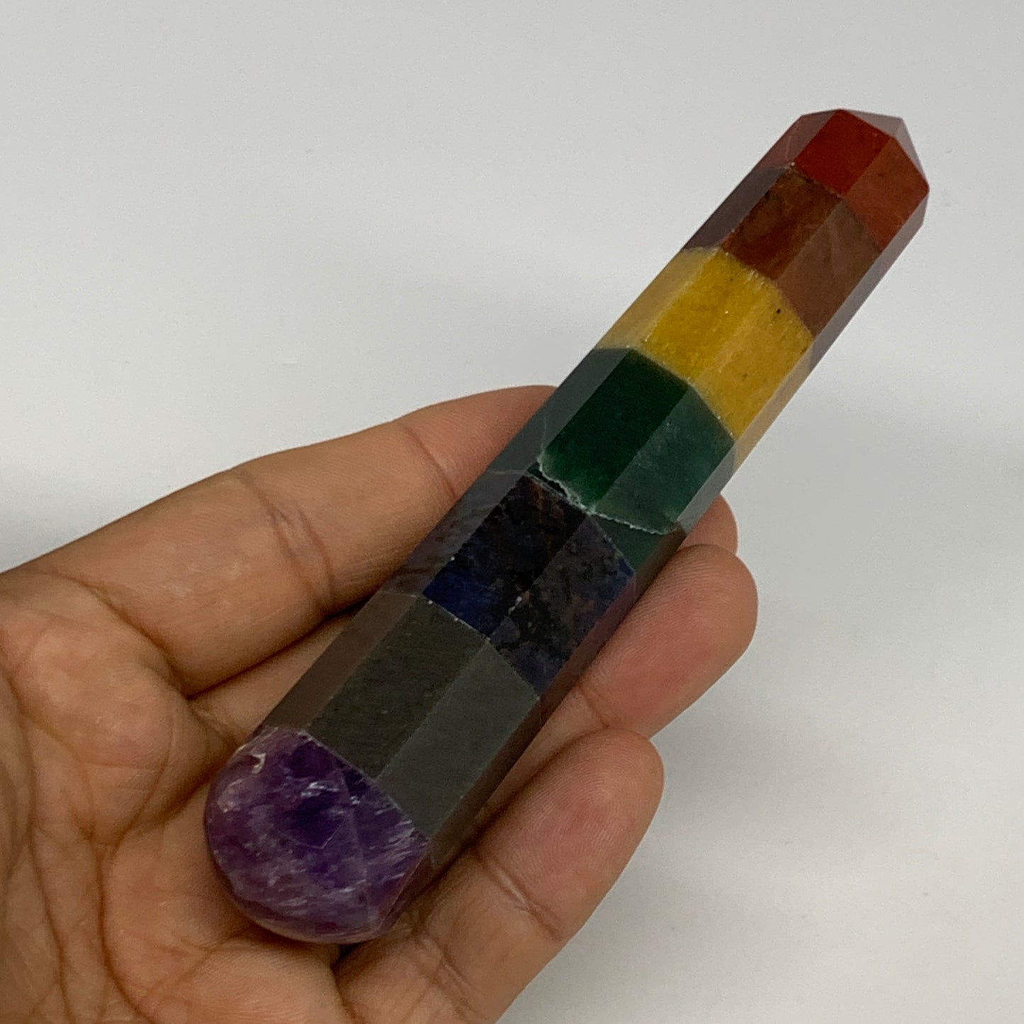 101.5g, 4.9"x0.9", 7 Chakra Point Wand Obelisk Point Crystal from India, B29116