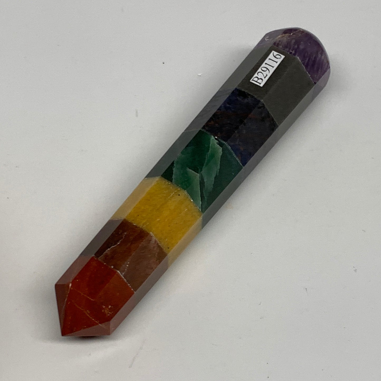 101.5g, 4.9"x0.9", 7 Chakra Point Wand Obelisk Point Crystal from India, B29116