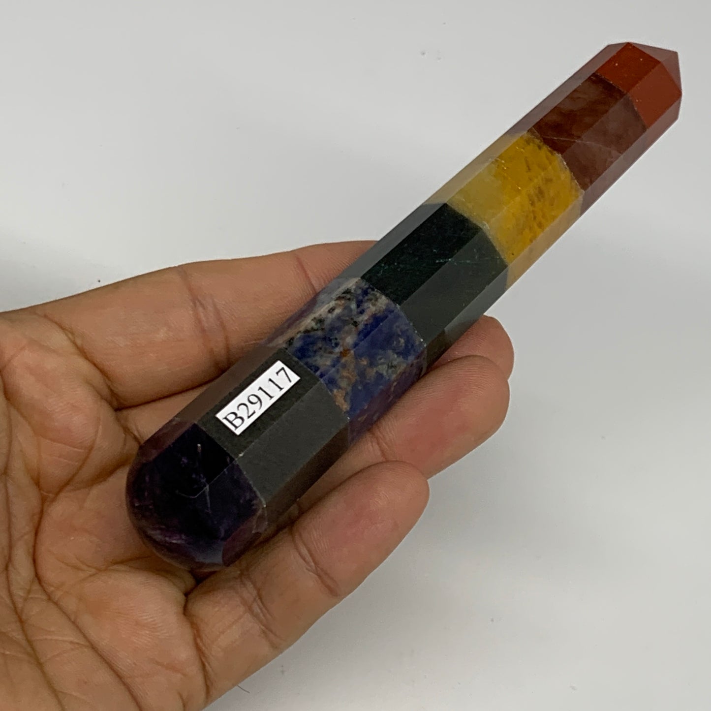 98.6g, 5.1"x0.9", 7 Chakra Point Wand Obelisk Point Crystal from India, B29117