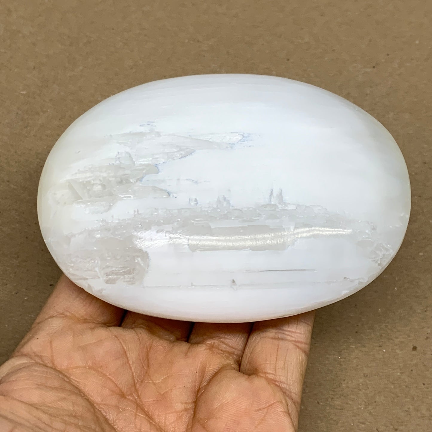 0.67 lbs, 4"x3.1"x1.3", White Selenite Palmstone Crystal Pillow Reiki, B36142