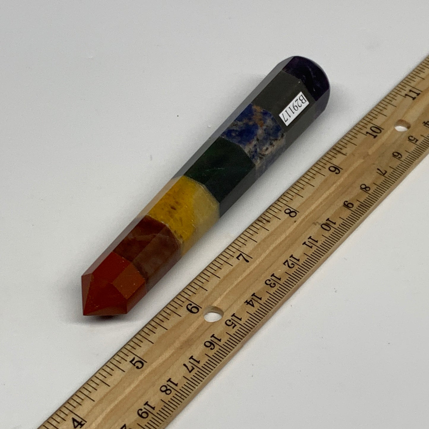 98.6g, 5.1"x0.9", 7 Chakra Point Wand Obelisk Point Crystal from India, B29117