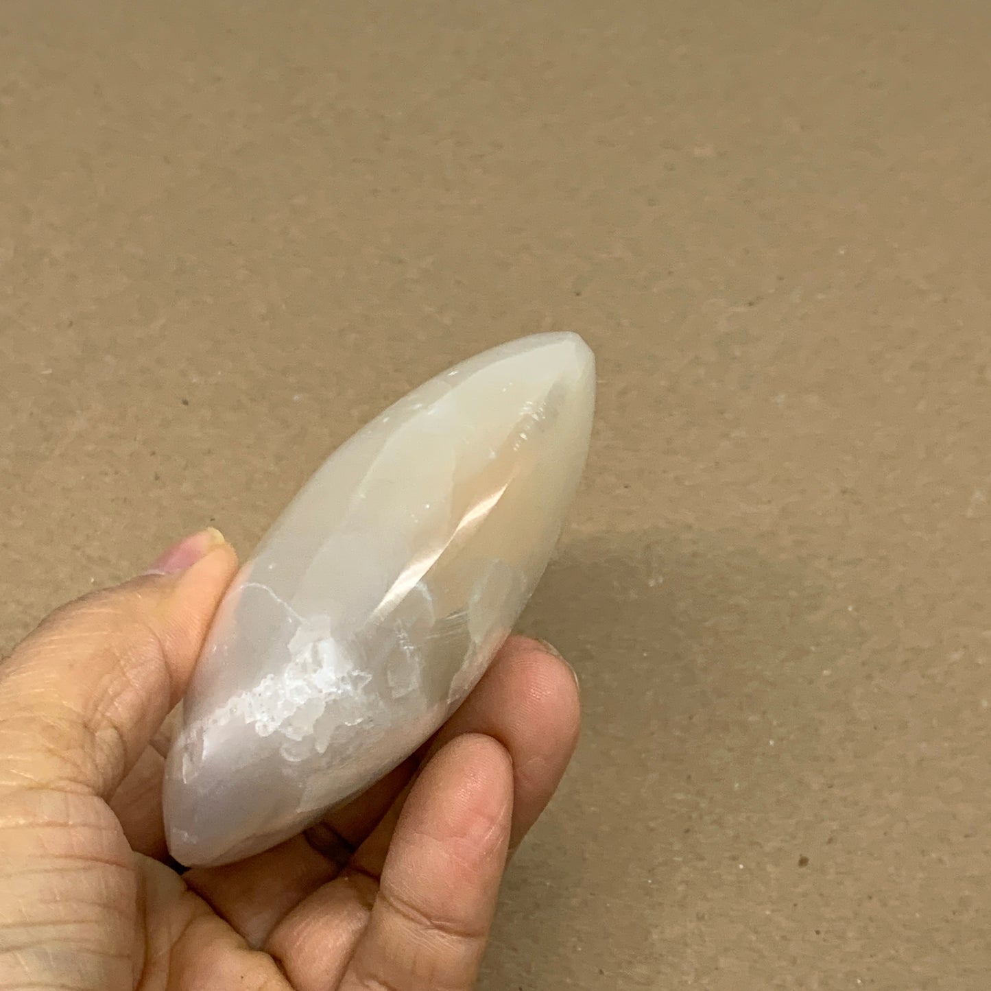0.67 lbs, 4"x3.1"x1.3", White Selenite Palmstone Crystal Pillow Reiki, B36142
