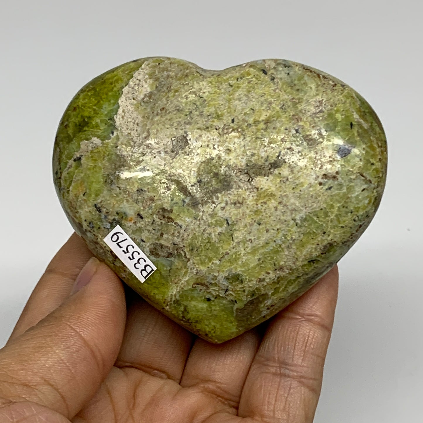 145.3g, 2.6"x3"x1", Green Opal Heart Polished Gemstone Crystal, B35579